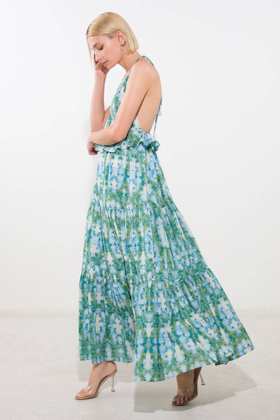 MOONLIGHT WHISPER PEPLUM MAXI DRESS in Blue | Elegant Flowy Women's Evening Gown for Parties, Weddings & Special Occasions