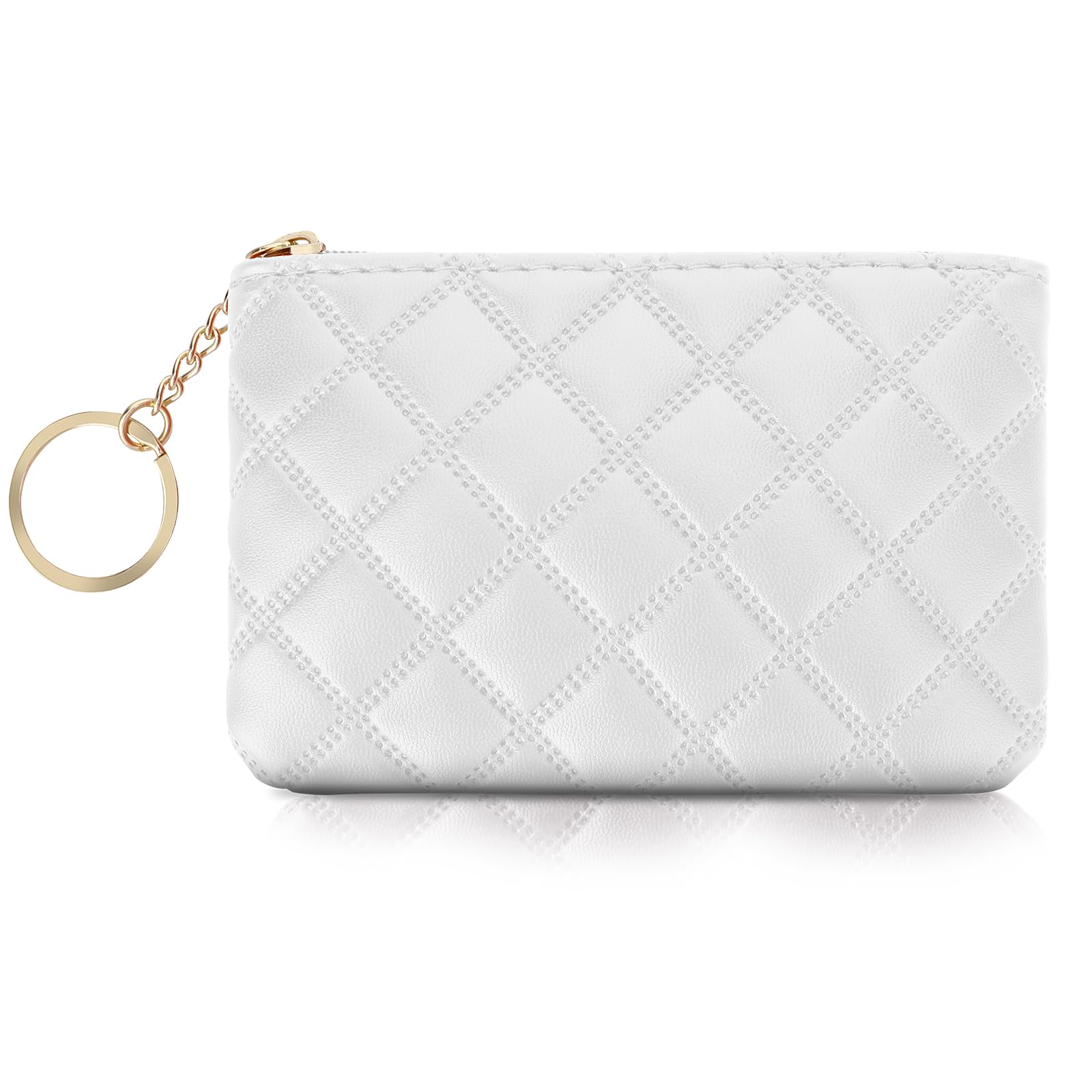 Simarro Small Coin Purse - Double Embossed Rhombus PU Leather Zipper Wallet - Compact Keychain Mini Purse for Women & Men - Perfect for Coins, Keys & Cards (White)
