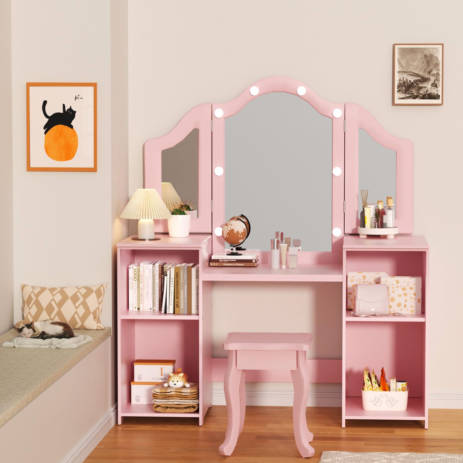 YUFU Kids Vanity Set - 2 in 1 Wooden Makeup Desk & Chair with Removable Tri-Fold Mirror, LED Lights and 4 Storage Compartments | Toddler Dressing Table for Girls (Pink) | Perfect for Pretend Play, Birthday Gifts & Bedroom Decor