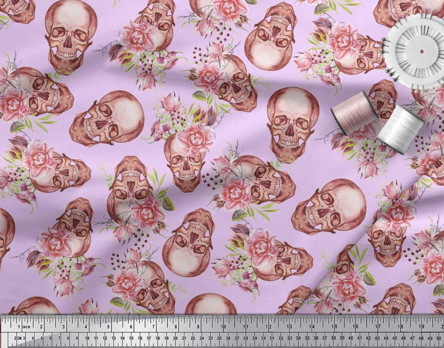 Soimoi Moss Georgette Brown Fabric by The Yard - 42 Inch Wide Skull & Begonia Floral Printed Textile for Fashion Design, DIY Crafts, Gothic Clothing & Home Decor - Edgy Whimsical Fabric for Dresses, Curtains & Unique Creations