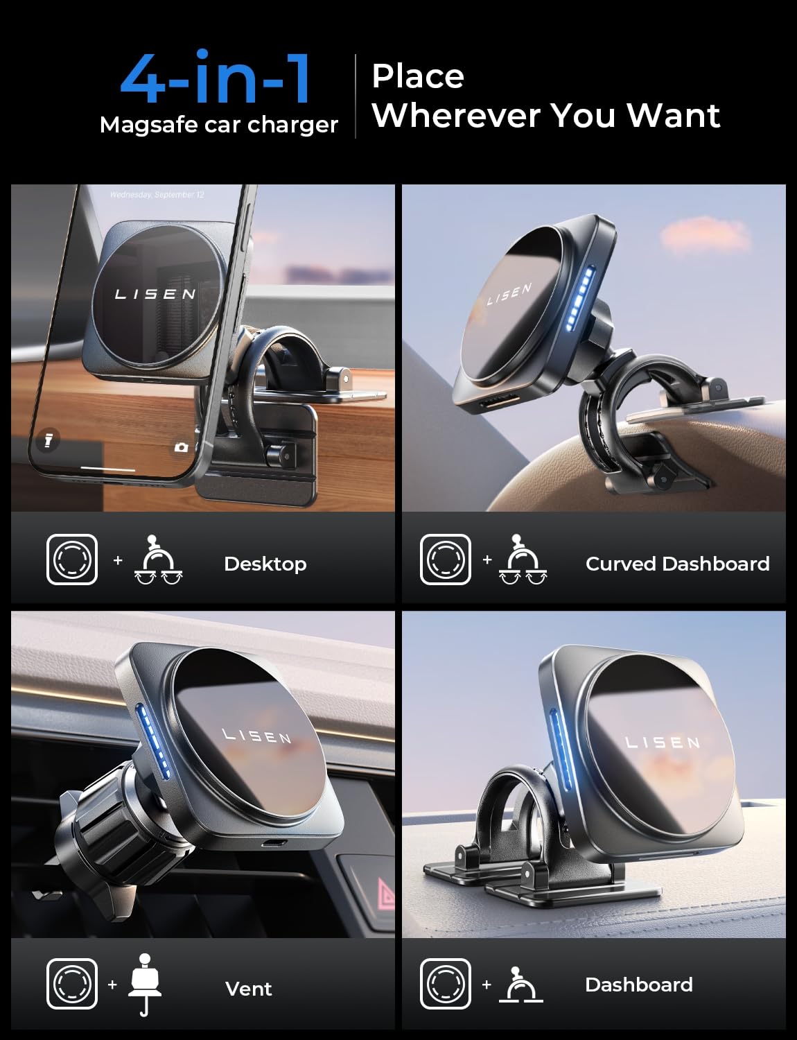 LISEN 15W Magnetic Wireless Car Charger for iPhone 16 Pro Max - Magsafe Car Mount Charger with Air Vent & Dashboard Phone Holder - Compatible with iPhone 15/14/13/12 (Black) | Perfect for Safe Hands-Free Charging While Driving