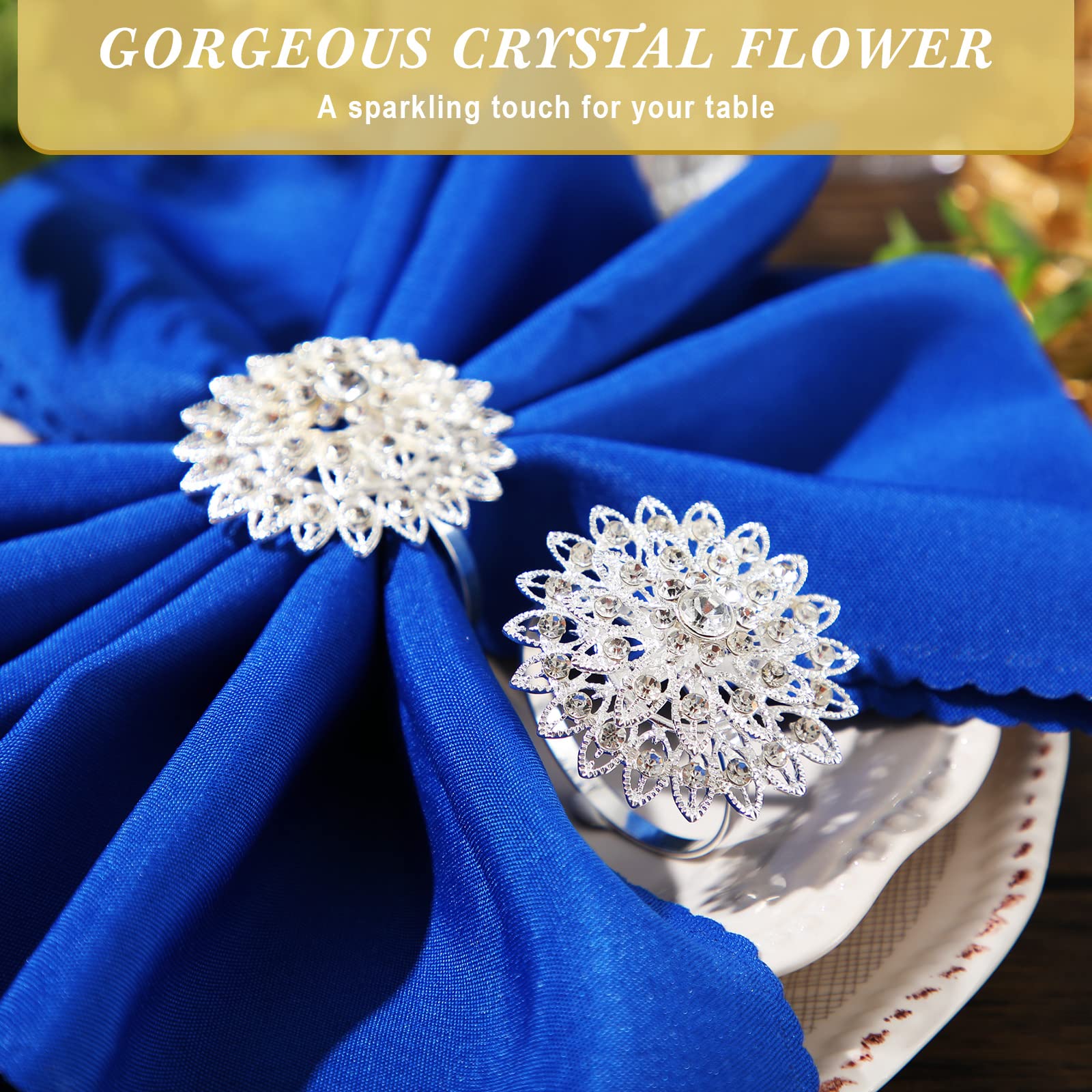 100 Pcs Silver Floral Crystal Rhinestone Napkin Rings - Elegant Bling Napkin Holders for Wedding, Birthday Party, Dinner & Home Table Decor - Perfect for Holiday Gatherings, Bridal Showers & Fine Dining