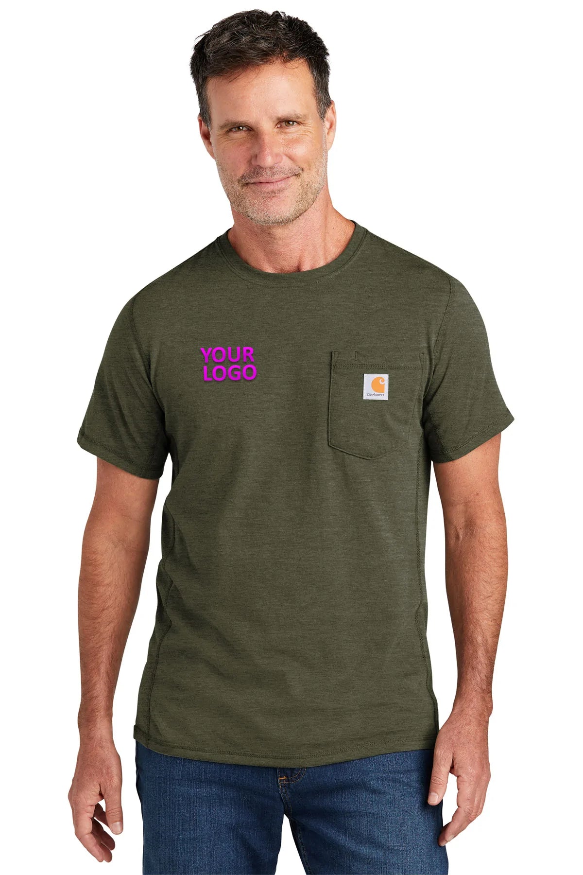 Carhartt Force Custom Pockets T-Shirt for Men - Basil Heather | Durable Workwear Shirt with Utility Pockets | Ideal for Construction, Outdoor Work & Casual Wear