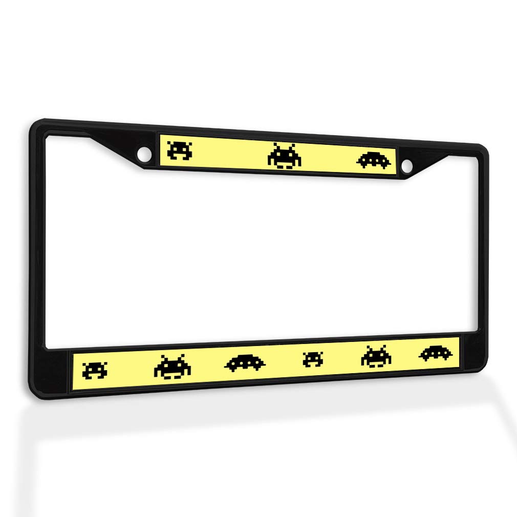 Metal License Plate Frame - Pixel Art Invaders Design, Weatherproof Car Accessory for Outdoor Use