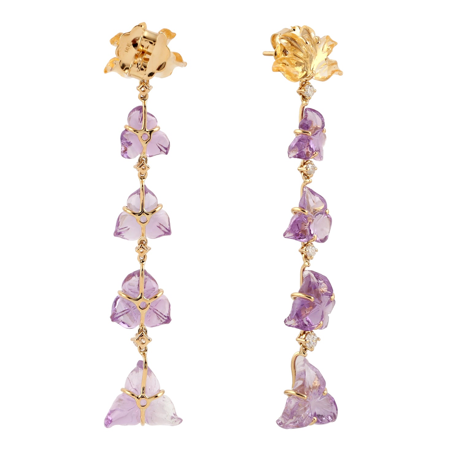 Handmade 18k Yellow Gold Carved Flower Amethyst Dangle Earrings | Elegant Purple Gemstone Jewelry for Women | Perfect for Weddings, Parties & Special Occasions