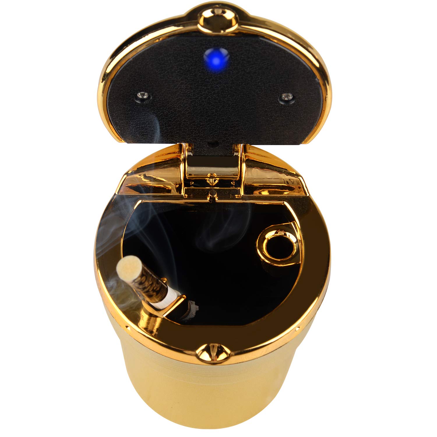 Portable Car Ashtray with Lid & Blue LED Light - Leakproof Cup Holder Ashtray for Cars (Gold) | Ideal for Road Trips, Commuting & Smokers On-The-Go