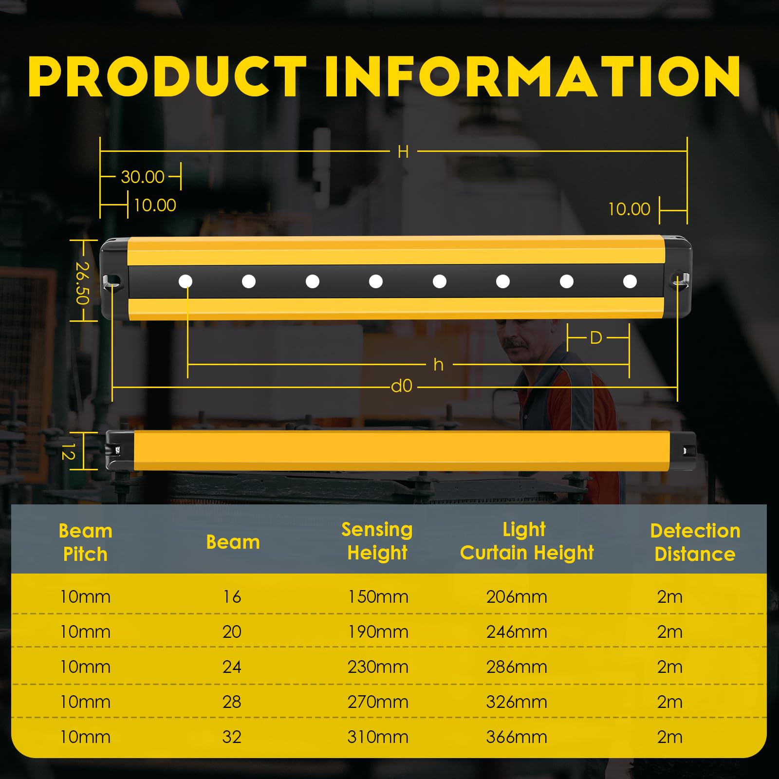 CGOLDENWALL 12mm Ultra-Thin Safety Light Curtain - Infrared Sensor Safety Grating for Punching Machines - 16 Beams, 10mm Pitch, 150mm Sensing Height - Photoelectric Protector for Industrial Equipment Safety (Workshop, Factory, CNC Machine Protection)
