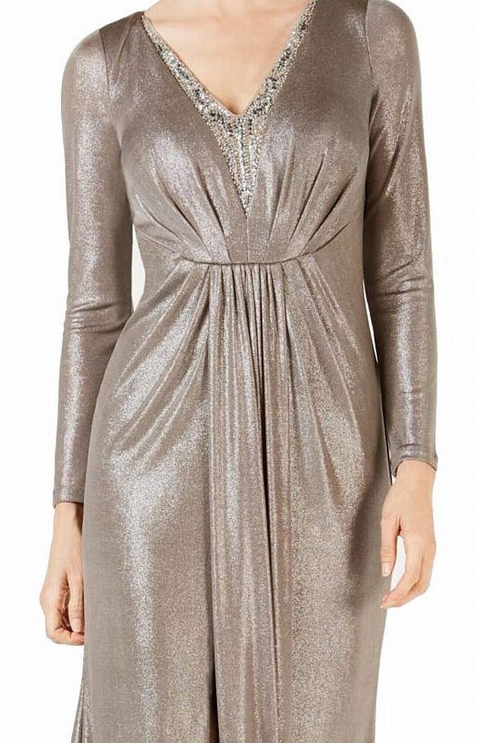 Adrianna Papell Women's Petite Beaded Neckline Long Sleeve Jersey Dress for Evening Parties, Weddings & Special Occasions