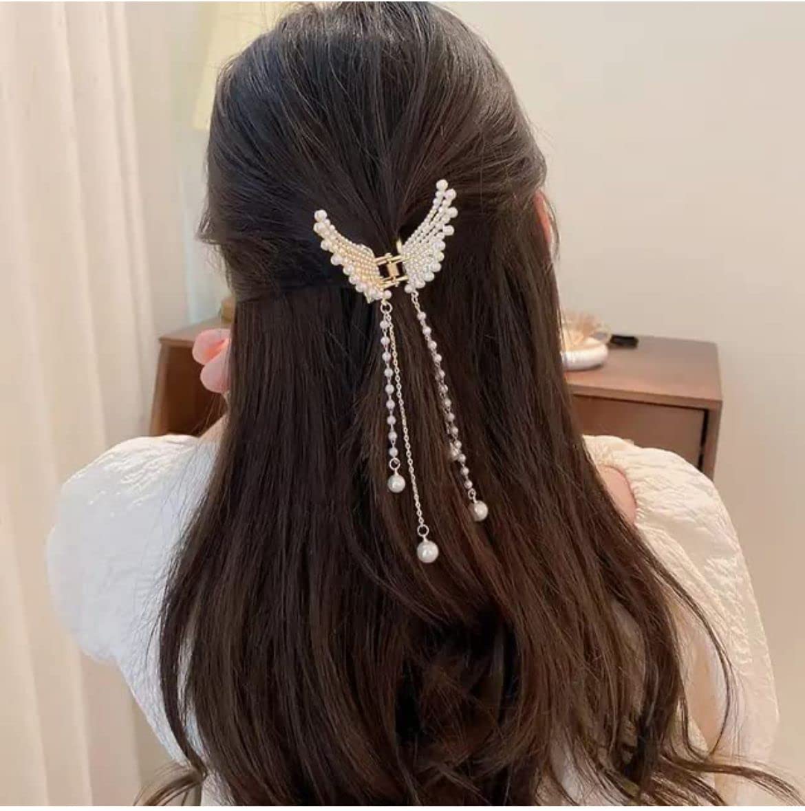 Radhya Pearl Butterfly Hair Clip with Tassel - Elegant Metal Hair Claw for Women & Girls - Perfect Hair Styling Accessory for Weddings, Parties & Daily Wear - Ideal Gift for Girlfriend, Wife & Holi Celebrations
