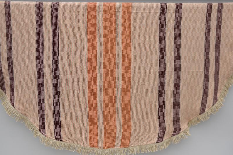 100% Cotton Round Beach Towel - Soft & Absorbent Orange & Burgundy Striped Towel for Pool, Beach, Picnic & Yoga