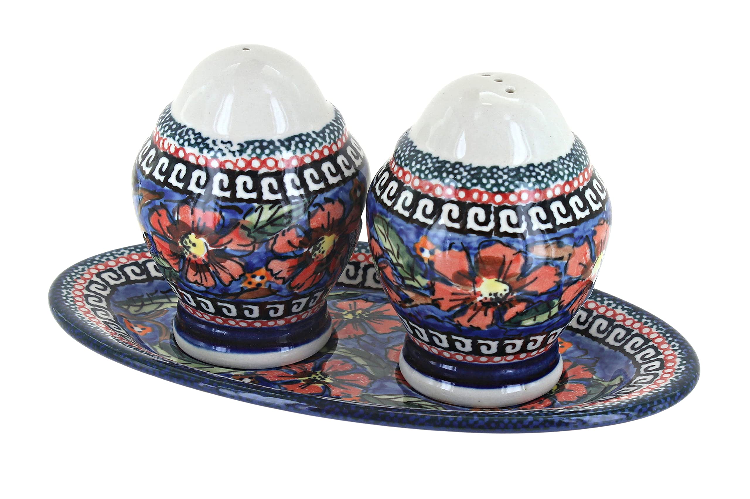 Blue Rose Polish Pottery Jungle Flower Salt and Pepper Shaker Set with Dish - Elegant Dining Table Decor for Kitchen, Restaurant & Home Entertaining