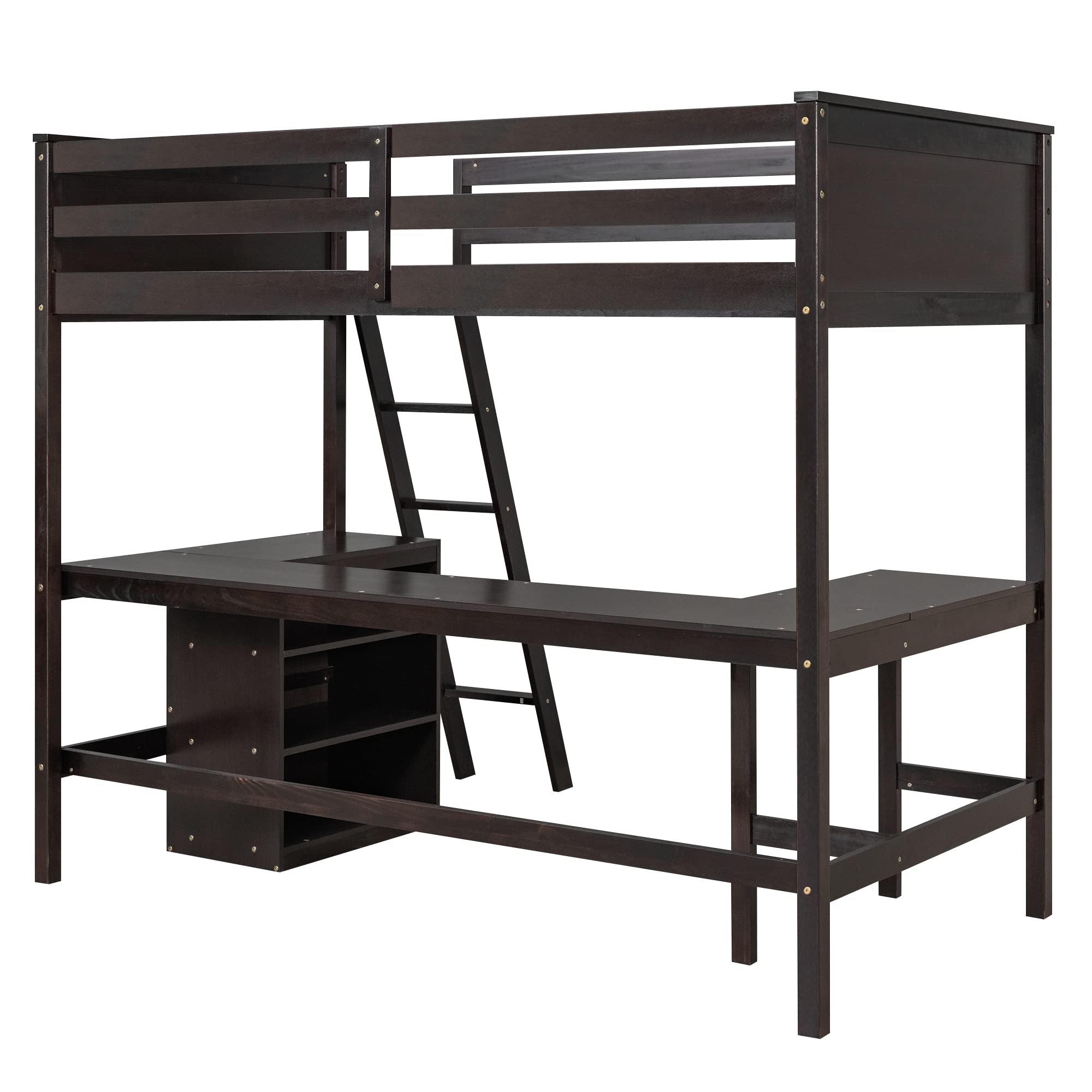 Twin Loft Bed with Desk and Shelves - Sturdy Wood Loft Bed Frame with Storage Drawers - Space Saving Kids, Teens & Adults Bedroom Furniture - Espresso Finish - Perfect for Small Rooms, Dorms & Apartments