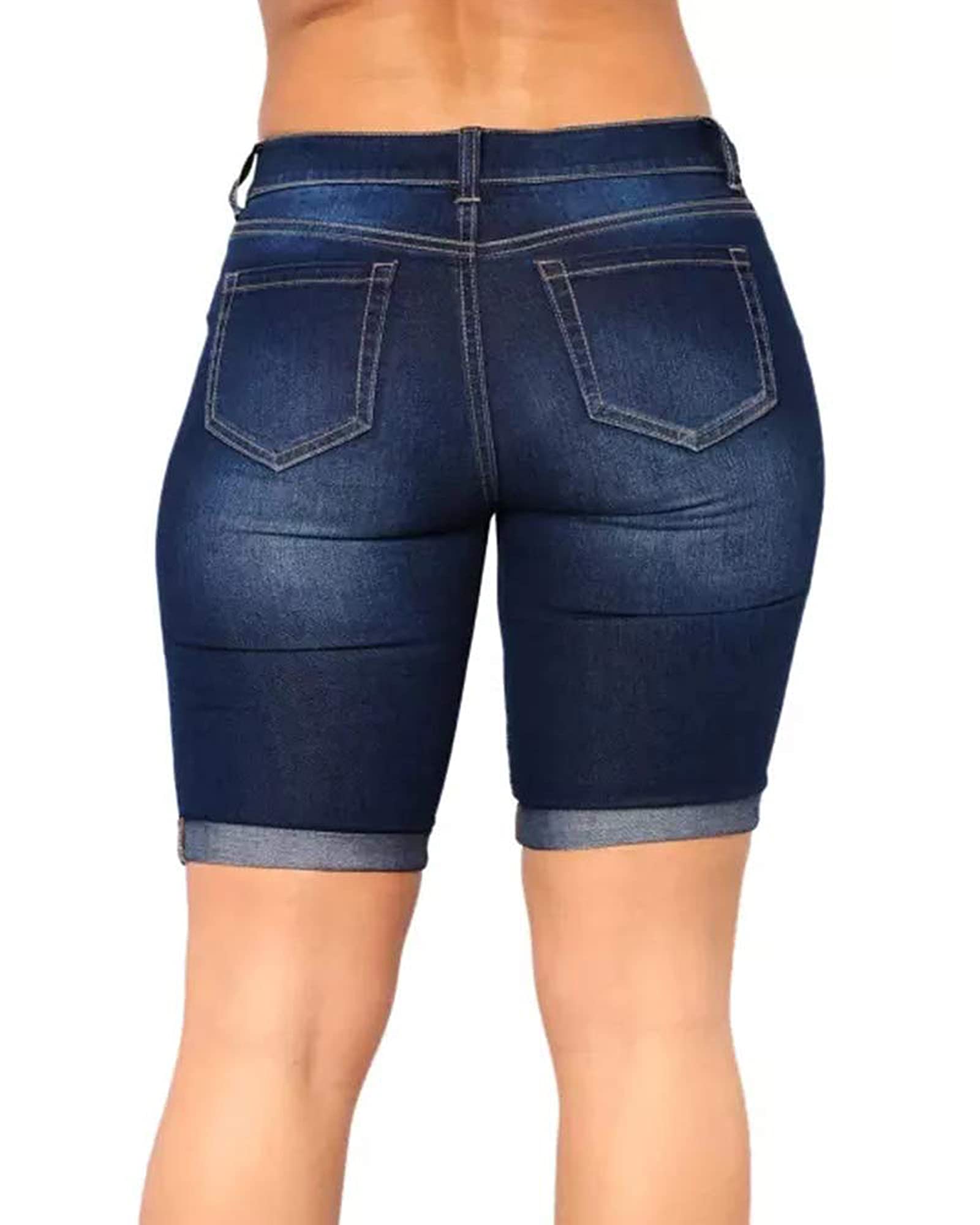 Roswear Women's Distressed Ripped Stretchy Denim Shorts - Knee Length High Waist Vintage Jeans for Summer Casual Outfits & Beach Vacations