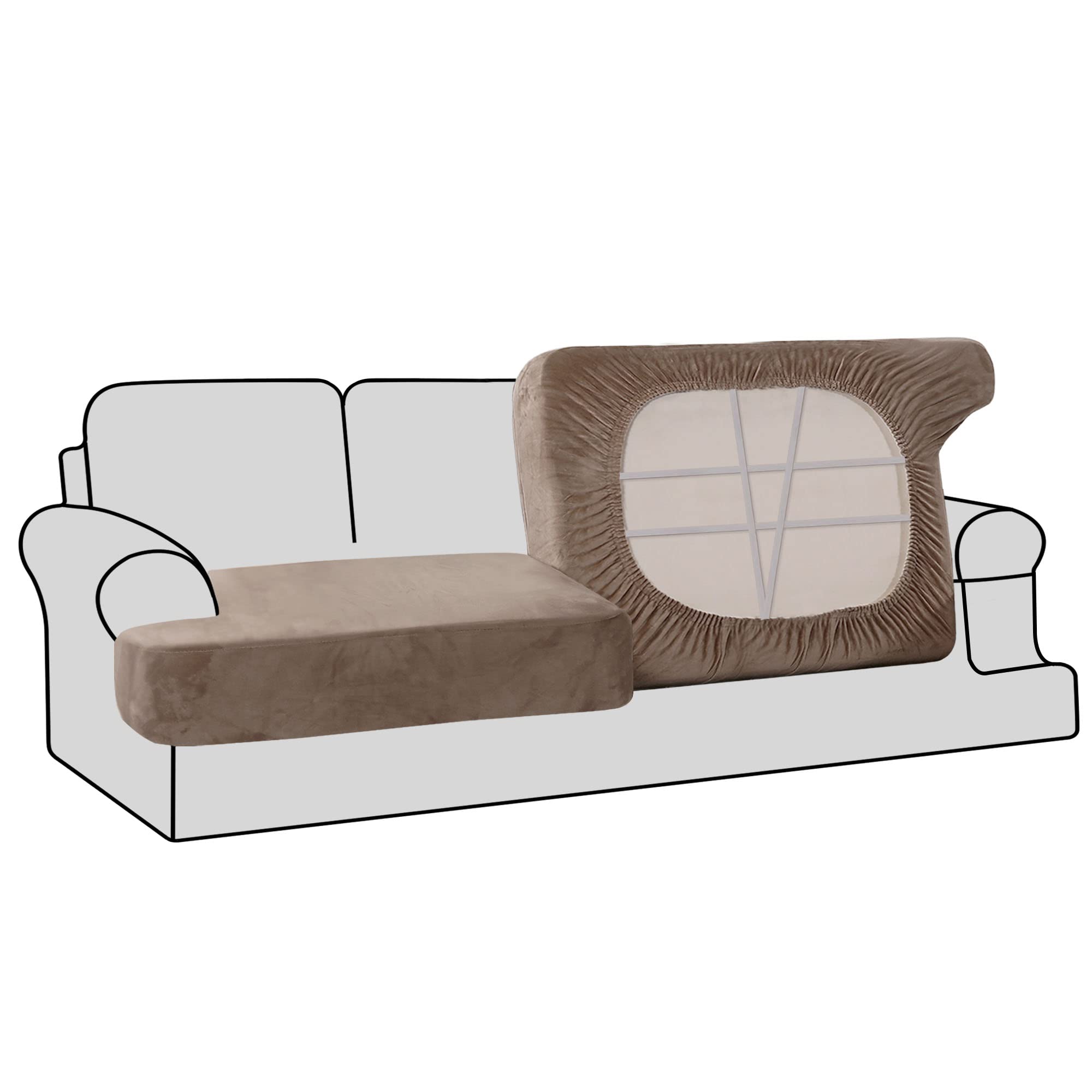 H.VERSAILTEX Stretch Velvet 2-Piece T-Cushion Sofa Slipcovers - Soft Elastic Sofa Seat Covers for 2-Cushion Couches, Non-Slip Design in Taupe | Perfect for Living Room, Sectional Sofa & Home Decor
