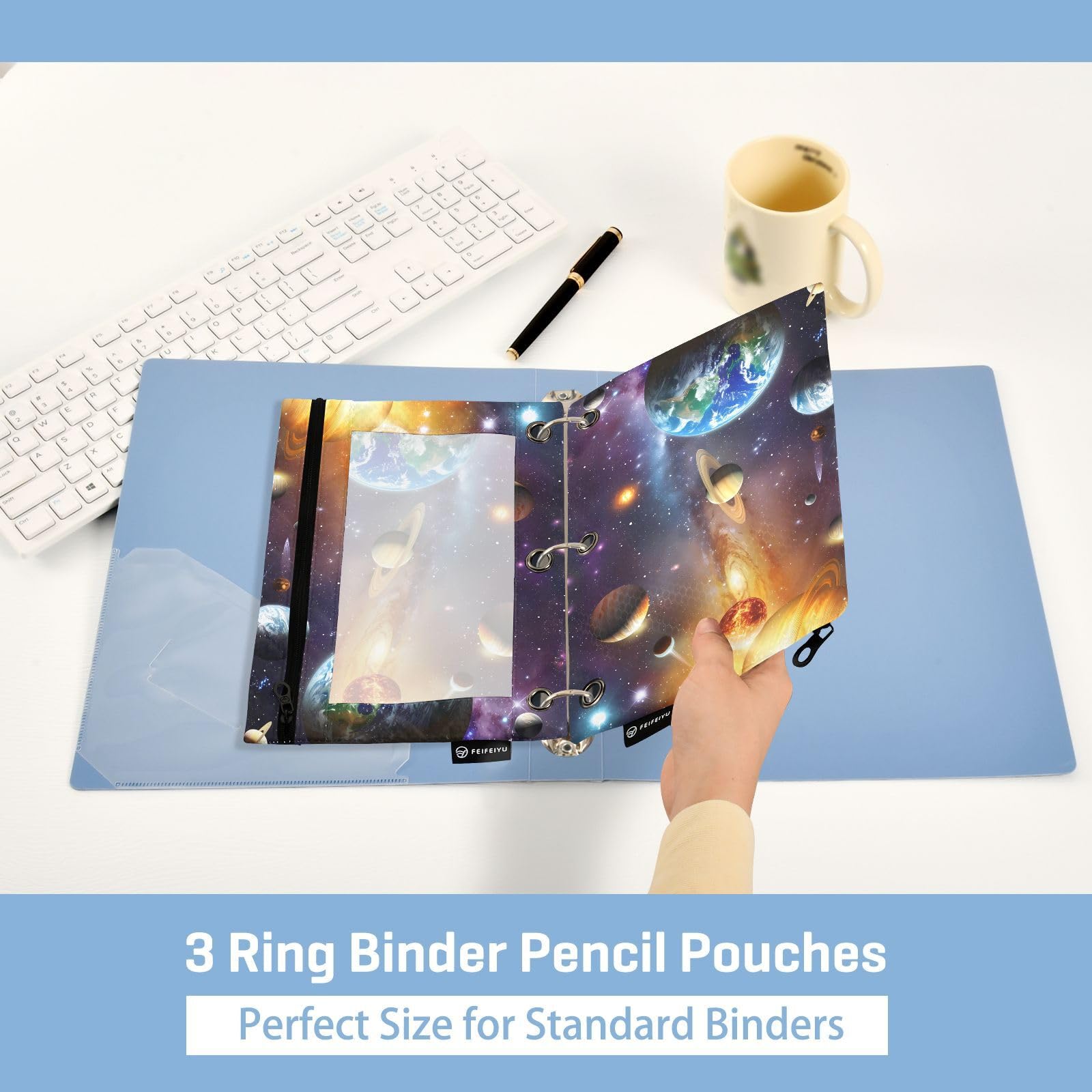 Space Solar System Planet Universe Pencil Pouch for 3-Ring Binders - Large Zippered Pencil Case with Clear Window (2-Pack) - Perfect for School, Office & Stationery Organization
