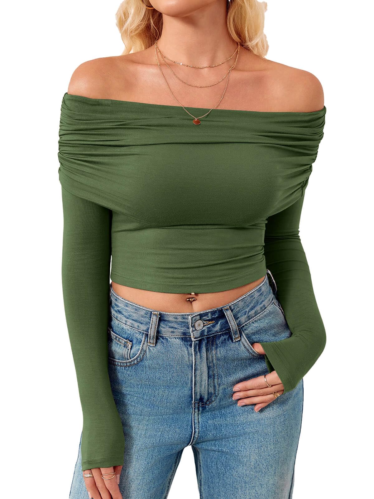 Imily Bela Women's Off The Shoulder Tops - Ruched Cropped Long Sleeve Y2K Shirt for Going Out | Slim Fit Blouse for Party, Date Night & Casual Wear