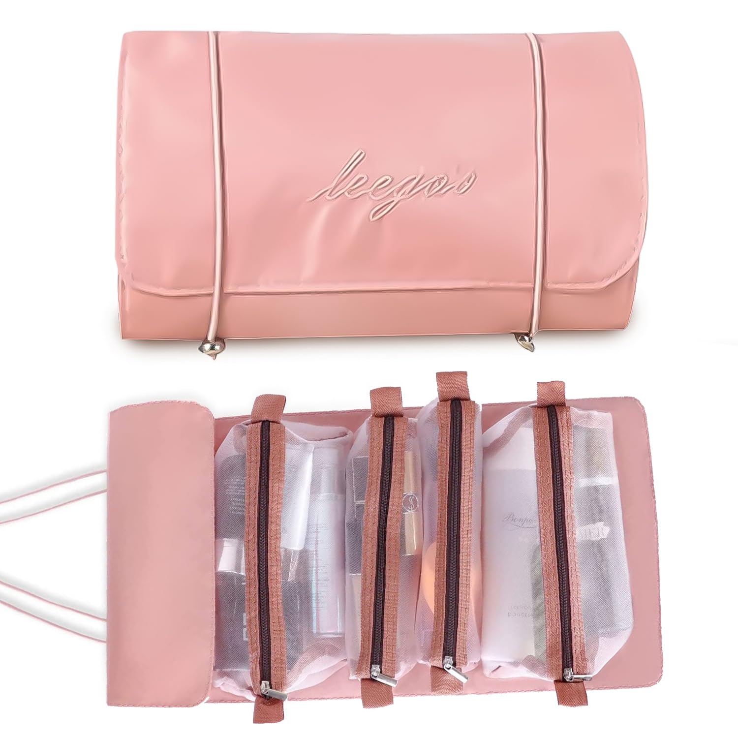 CANWAY® 4-in-1 Foldable Hanging Cosmetic Organizer - Travel Toiletry Bag for Women, Pink | Perfect for Bathroom Storage, Makeup Organization & Suitcase Packing