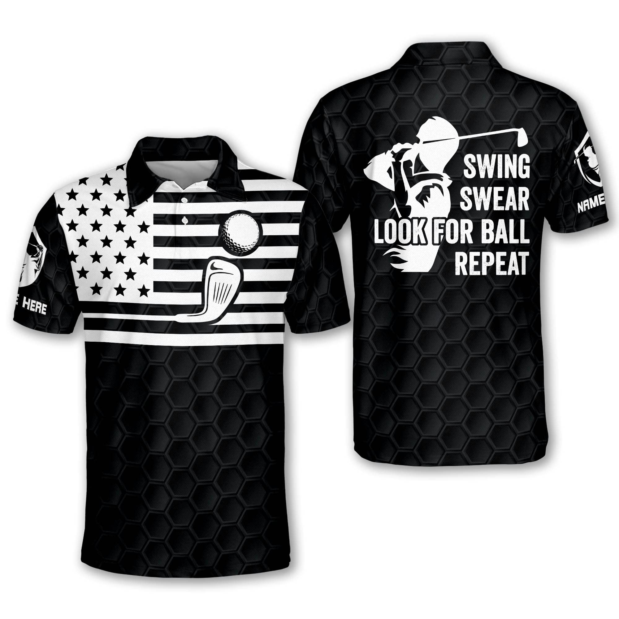 Funny Golf Polo Shirts for Men - 3D Printed 'Swing Swear Find The Ball Repeat' Design | Moisture Wicking Short Sleeve Performance Polo | Lightweight Dry Fit Golf Shirt for Club & Course | Perfect for Golf Tournaments, Casual Wear & Father's Day Gifts
