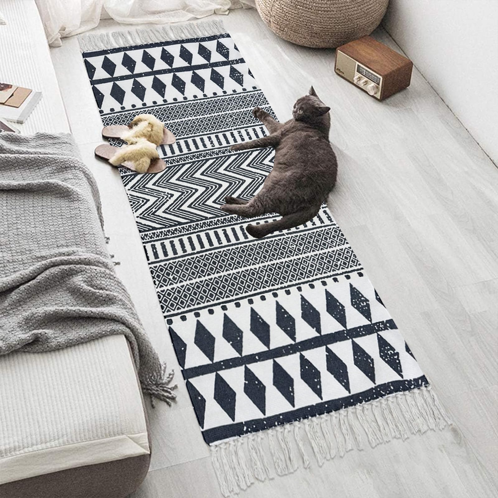 USTIDE Ultra Long Cotton Area Rug with Tassel - Hand Woven Printed Washable Runner Rug for Kitchen, Bedroom, Laundry Room & Entryway (2.3ft x 6ft, Black & Cream) - Perfect for Home Decor, Living Room Accent & High Traffic Areas