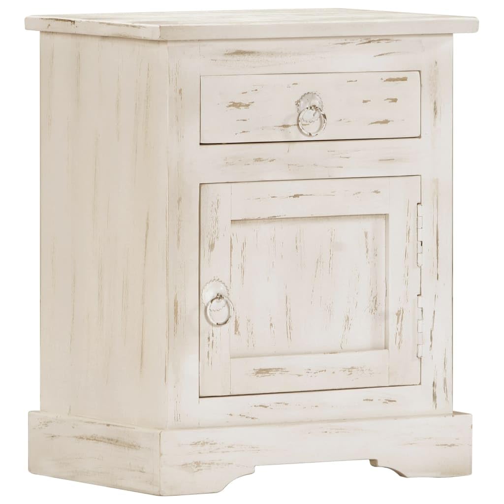 vidaXL Solid Mango Wood Bedside Cabinet with Drawer and Door - Antique-Style White Nightstand for Bedroom, Living Room, 15.7