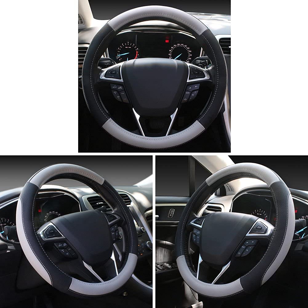 Premium Microfiber Leather Steering Wheel Cover with Seat Belt Pads (2-Pack, Gray) - Non-Slip Grip & Comfort for Cars, SUVs & Trucks - Perfect for Daily Commute & Road Trips