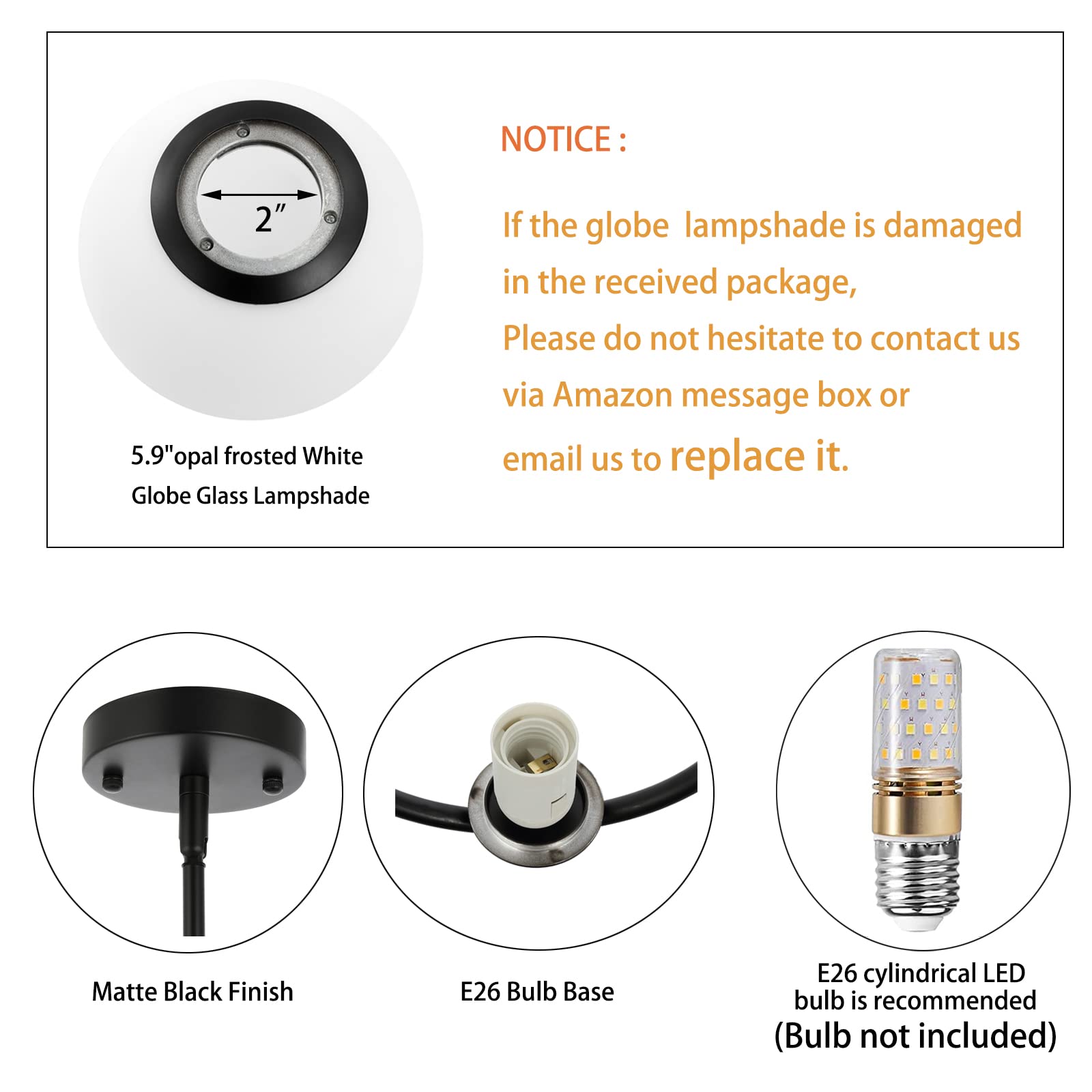 2-Lights Modern Globe Chandelier - Mid Century Pendant Light Fixture with White Glass Shades - Matte Black Ceiling Hanging Lighting for Kitchen Island, Dining Room, Bedroom - Perfect for Home Decor, Restaurant, and Office Lighting
