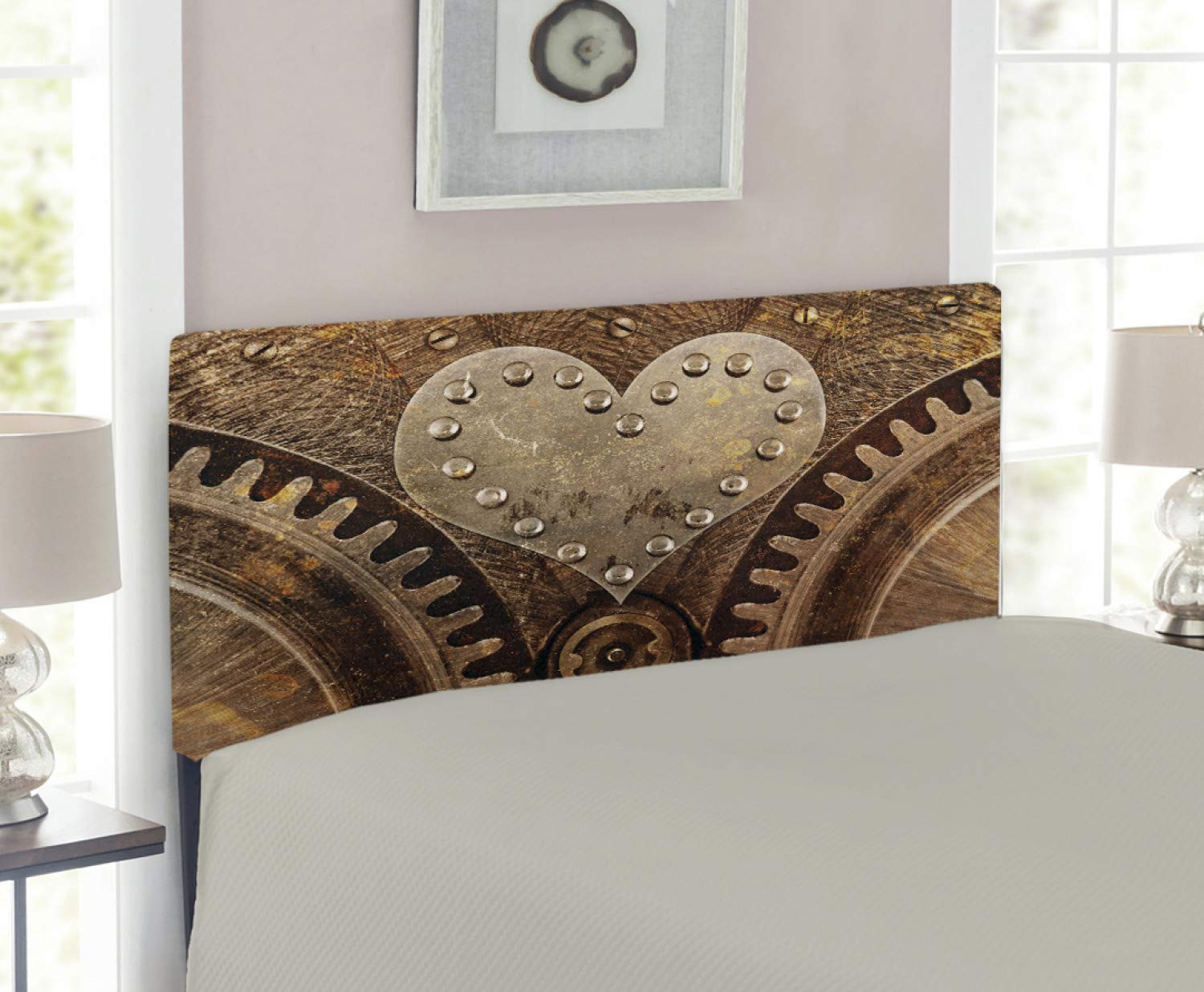 Ambesonne Steampunk Upholstered Headboard - Grungy Riveted Heart Design with Memory Foam, Twin Size Brown Metal Bed Frame | Perfect for Industrial & Gothic Bedroom Decor