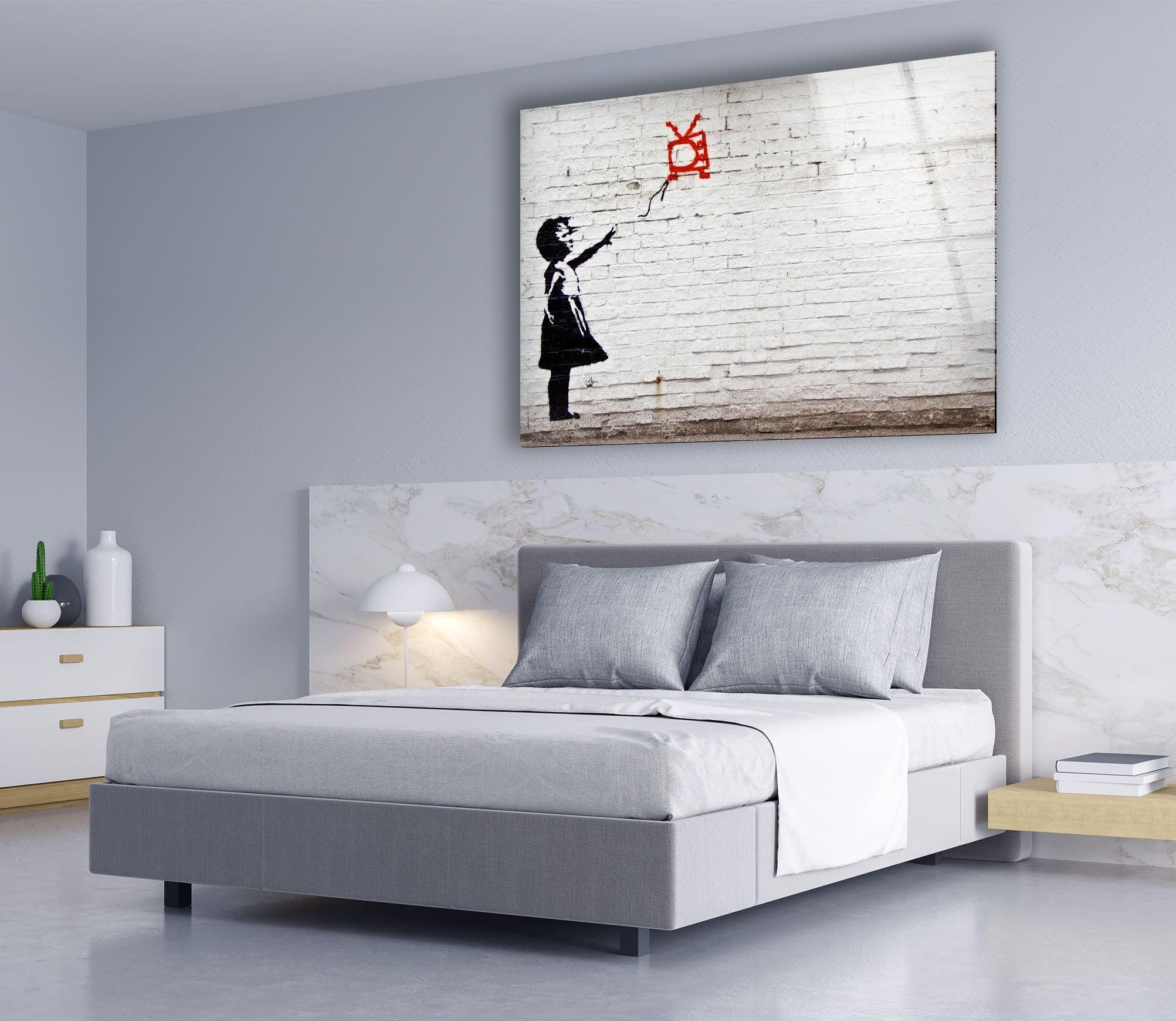 Banksy Kite Girl Glass Wall Art - Stunning Home Decor for Living Room, Bedroom & Office - Modern Framed Glass Print for Urban Art Lovers
