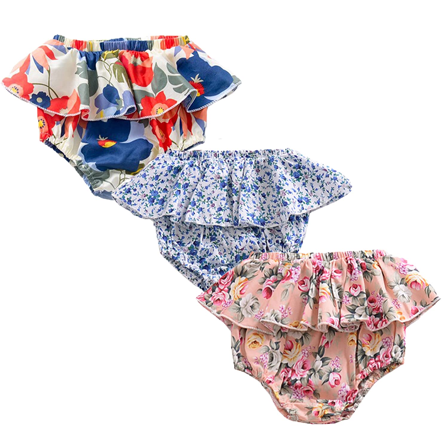 3PC Baby Shorts Set - Newborn Girls & Boys Linen Ruffle Bloomers with Floral Print - Soft PP Pants & Diaper Covers | Perfect for Summer Outfits, Photo Shoots & Playtime