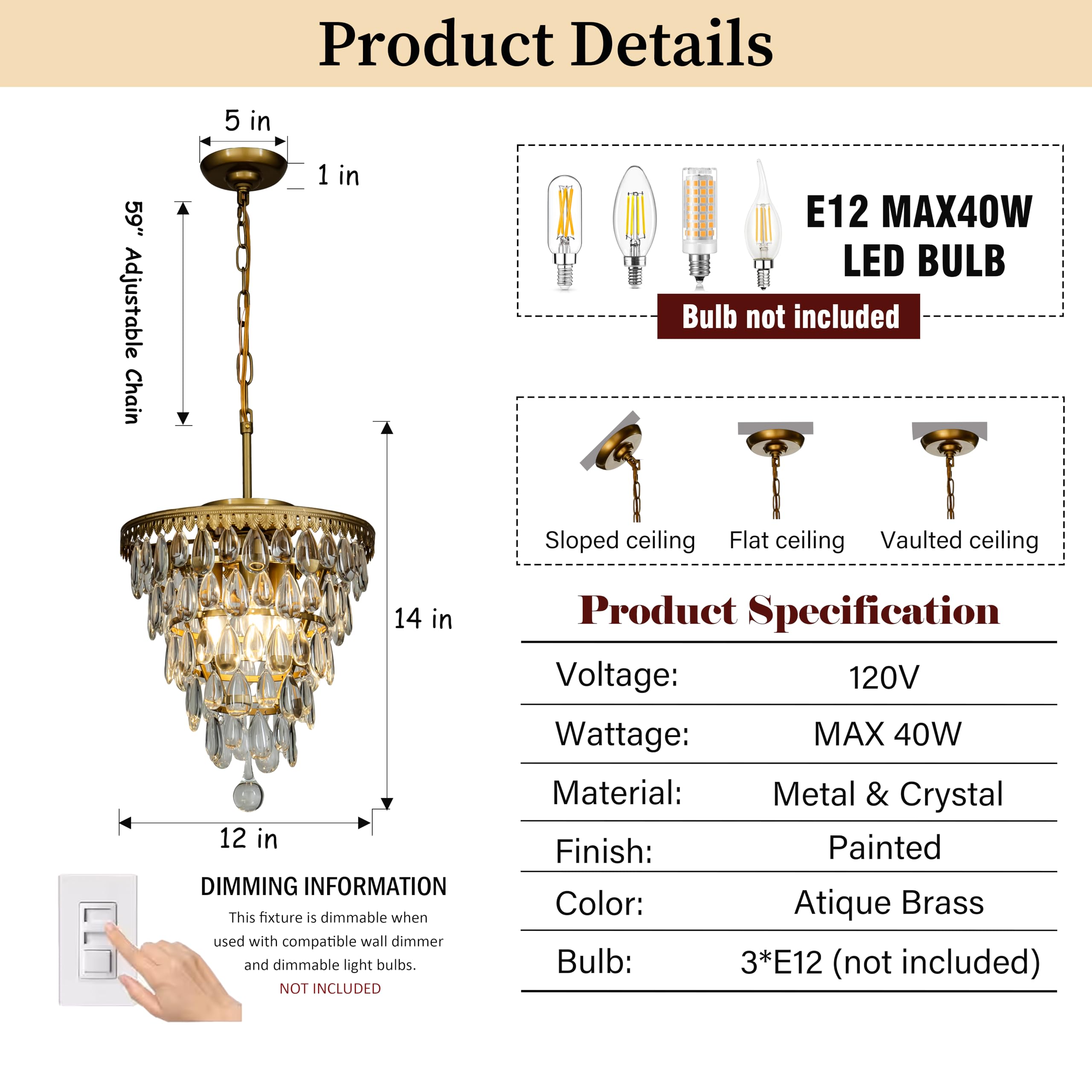 3-Light Modern Gold 5-Tiered Tear Drop Crystal Chandelier - Antique Brass Finish with Raindrop Crystals - 12 Inch Wide - Perfect for Living Room, Dining Room, Bathroom & Bedroom Lighting