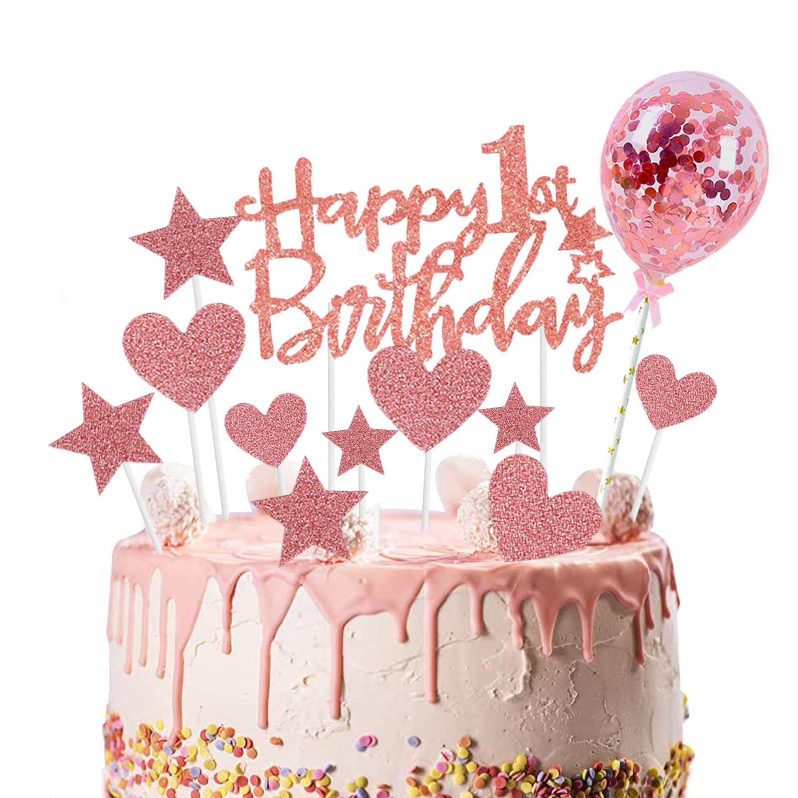 Rose Gold Happy 1st Birthday Cake Topper Set for Baby Girls - Heart & Star Cupcake Toppers - Perfect for 1st Birthday Party Decorations, Baby Showers & Cake Decorating