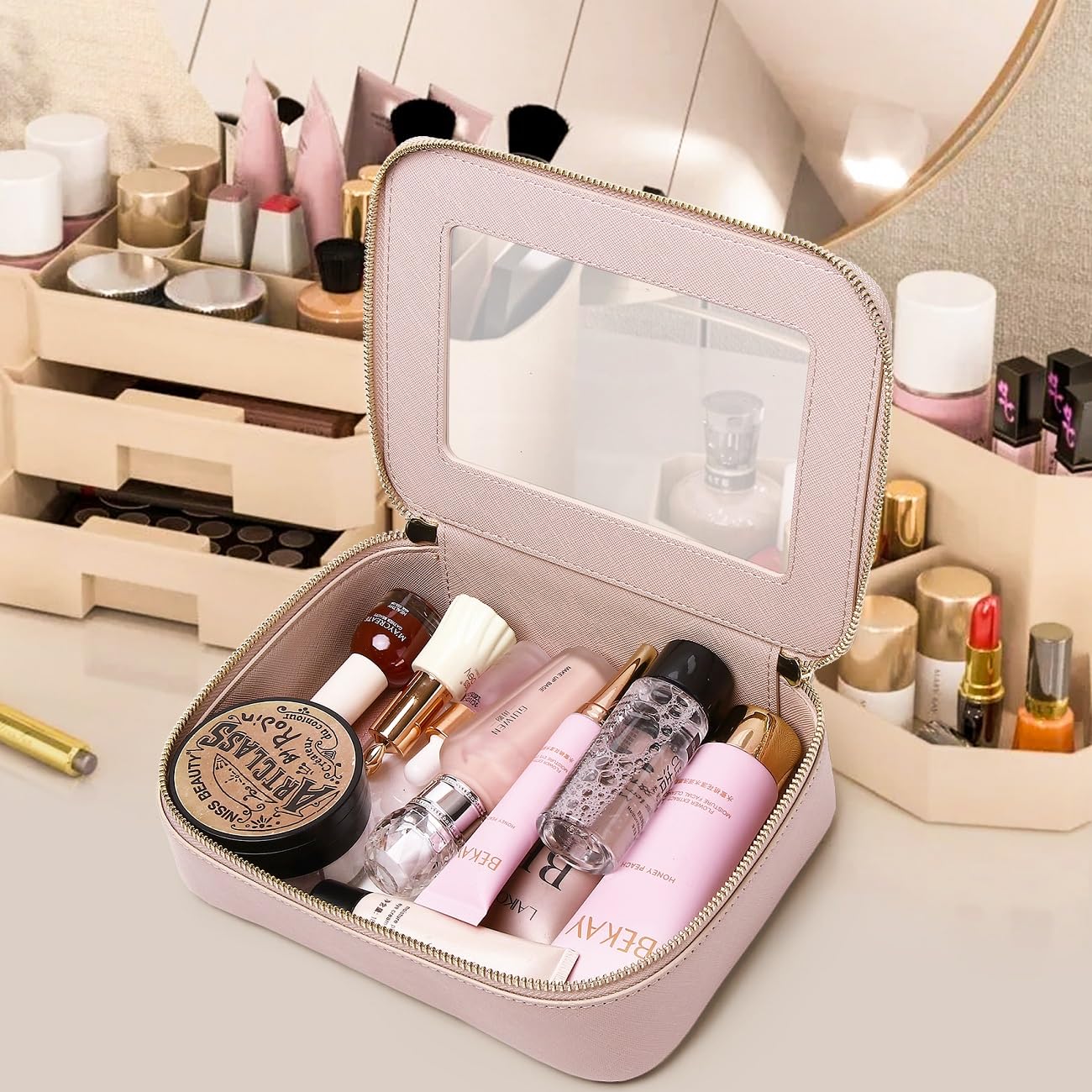 Clear Makeup Bag for Women Waterproof Travel Cosmetics Toiletries Case Portable Makeup Organizer with Zipper Pink Medium Size for Gym Beach Vacation
