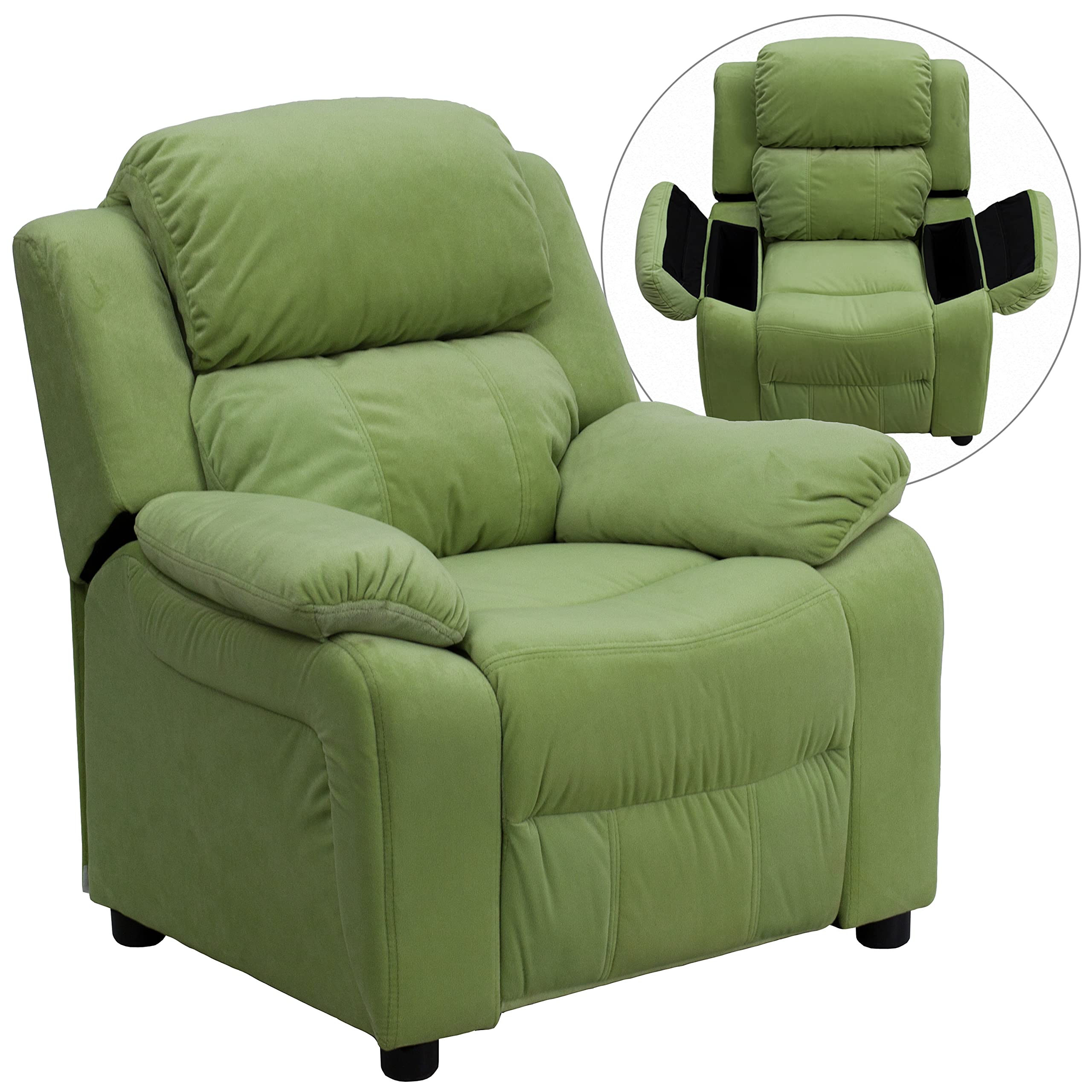 Flash Furniture Deluxe Padded Contemporary Avocado Microfiber Kids Recliner with Storage Arms - Comfortable Children's Chair for Bedroom, Playroom & Reading Nook