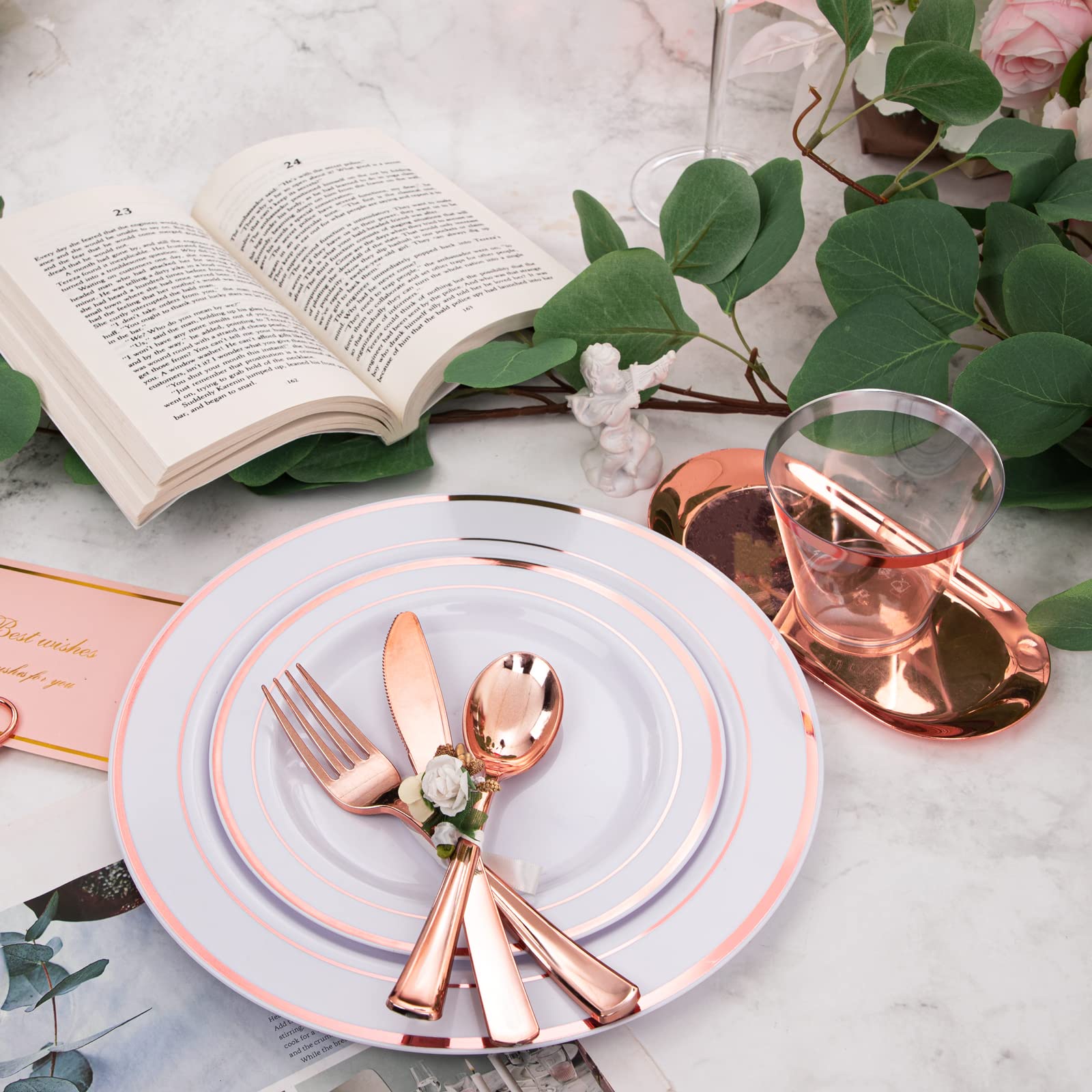 WELLIFE 350-Piece Rose Gold Plastic Dinnerware Set - 50 Disposable Plates, Forks, Knives, Spoons & Cups with 50 Pre-Rolled Napkins - Elegant Wedding, Bridal Shower, Birthday Party & Event Tableware for 50 Guests