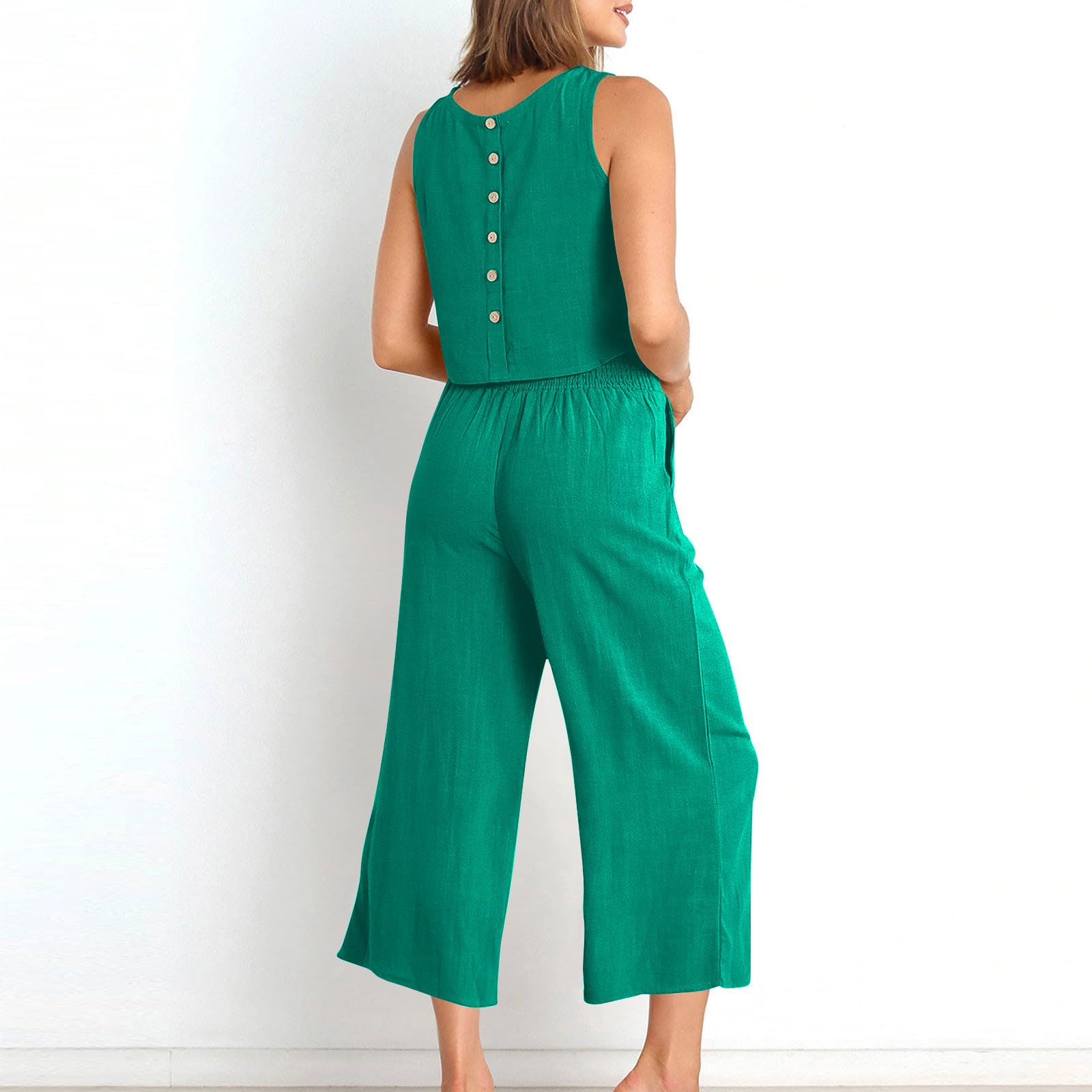 Women's 2-Piece Summer Outfit Set - Linen Crop Top & High Waist Wide Leg Capri Pants Lounge Wear | Casual Beachwear, Vacation Outfit, Boho Chic Matching Set
