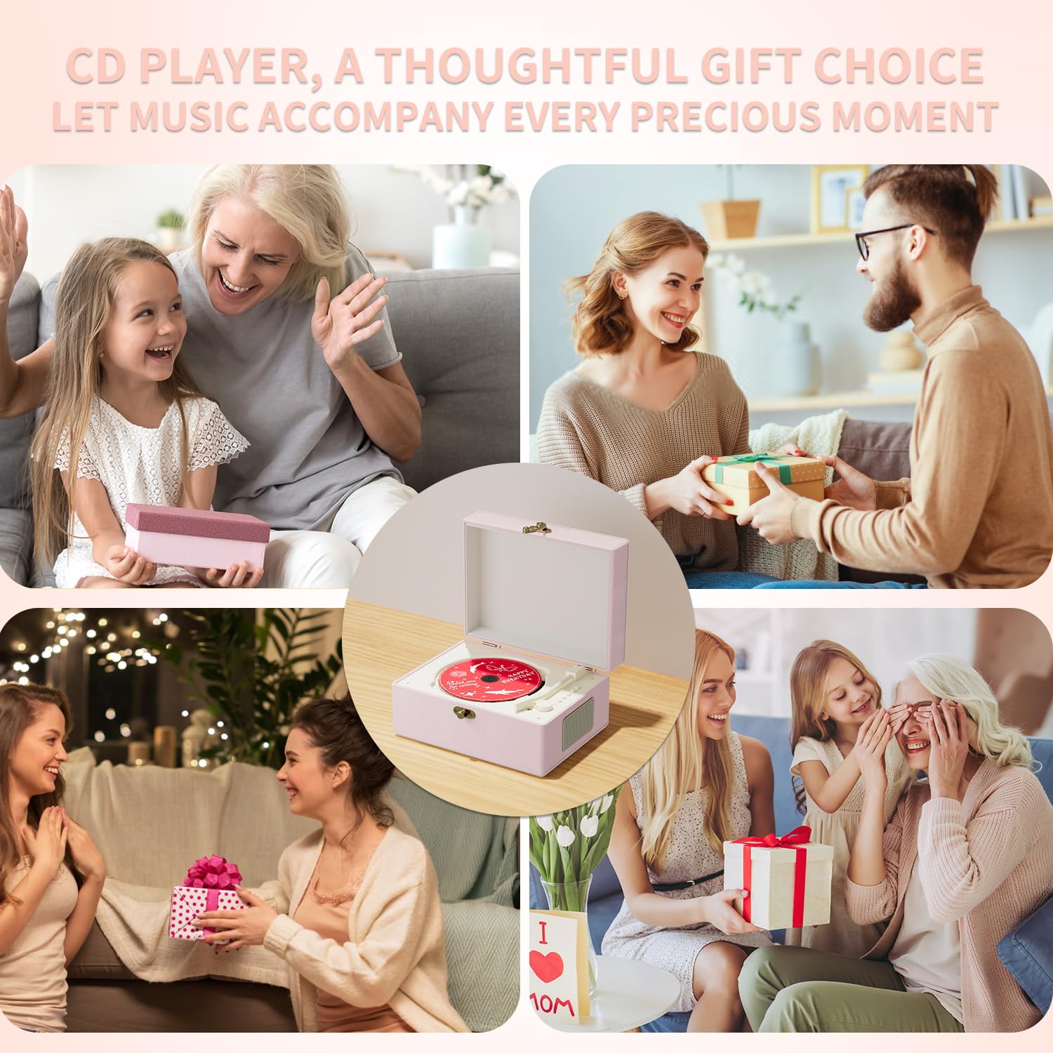 Time Music Box CD Player with Bluetooth & Speakers - Wireless Audio Transmitter for Home, Office, or Party | Perfect Gift for Music Lovers & Home Decor (Pink)