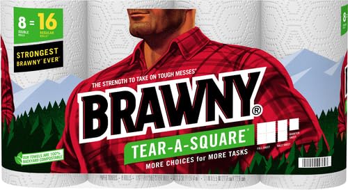 Brawny Tear-A-Square Paper Towels - 8 Double Rolls (16 Regular Rolls) | Ultra Absorbent & Strong | Perfect for Kitchen Cleaning, Spills & Household Use