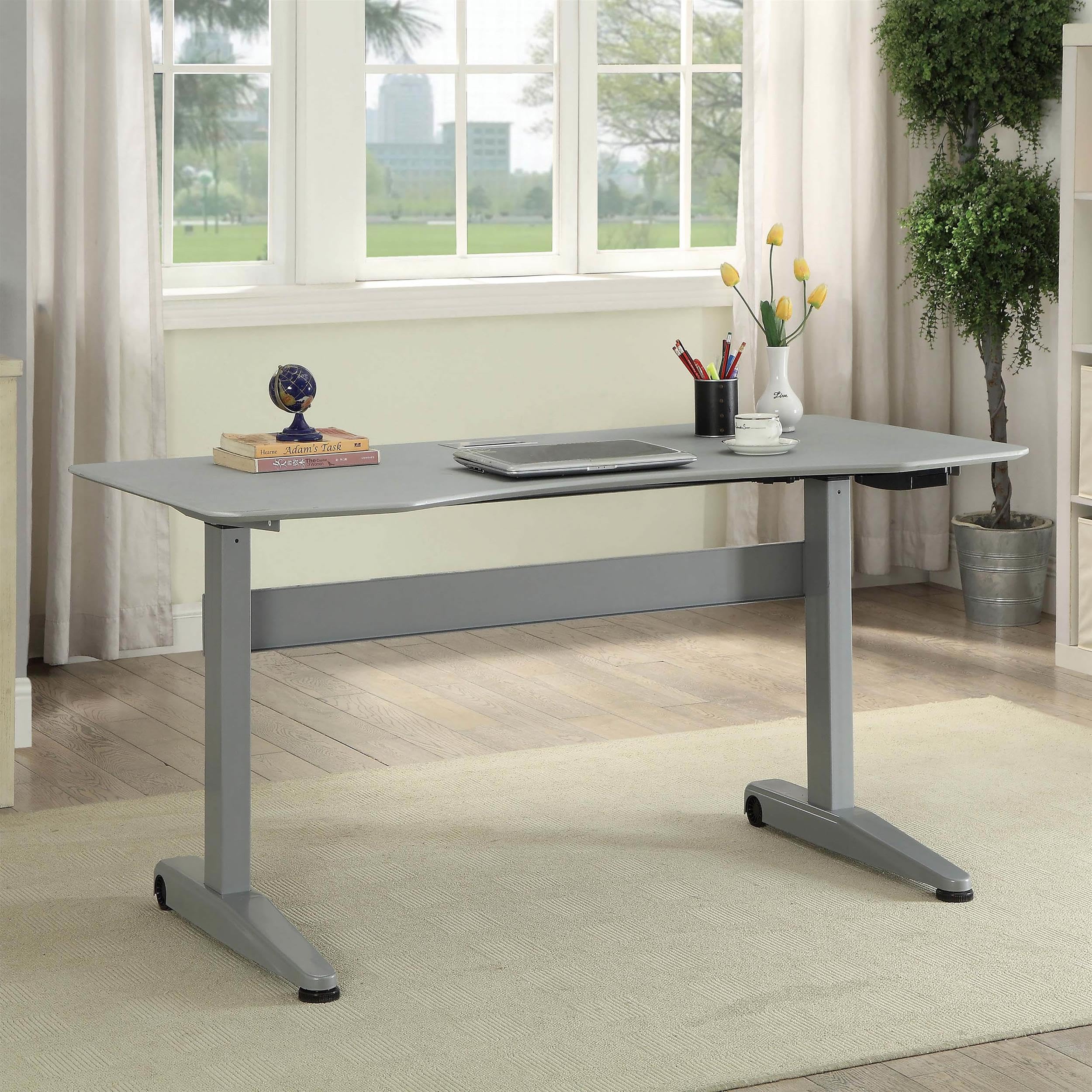 Furniture of America Glenda Adjustable Height Standing Desk - Gray Metal Frame for Home & Office Workspace | Ergonomic Sit to Stand Desk for Work, Study & Gaming