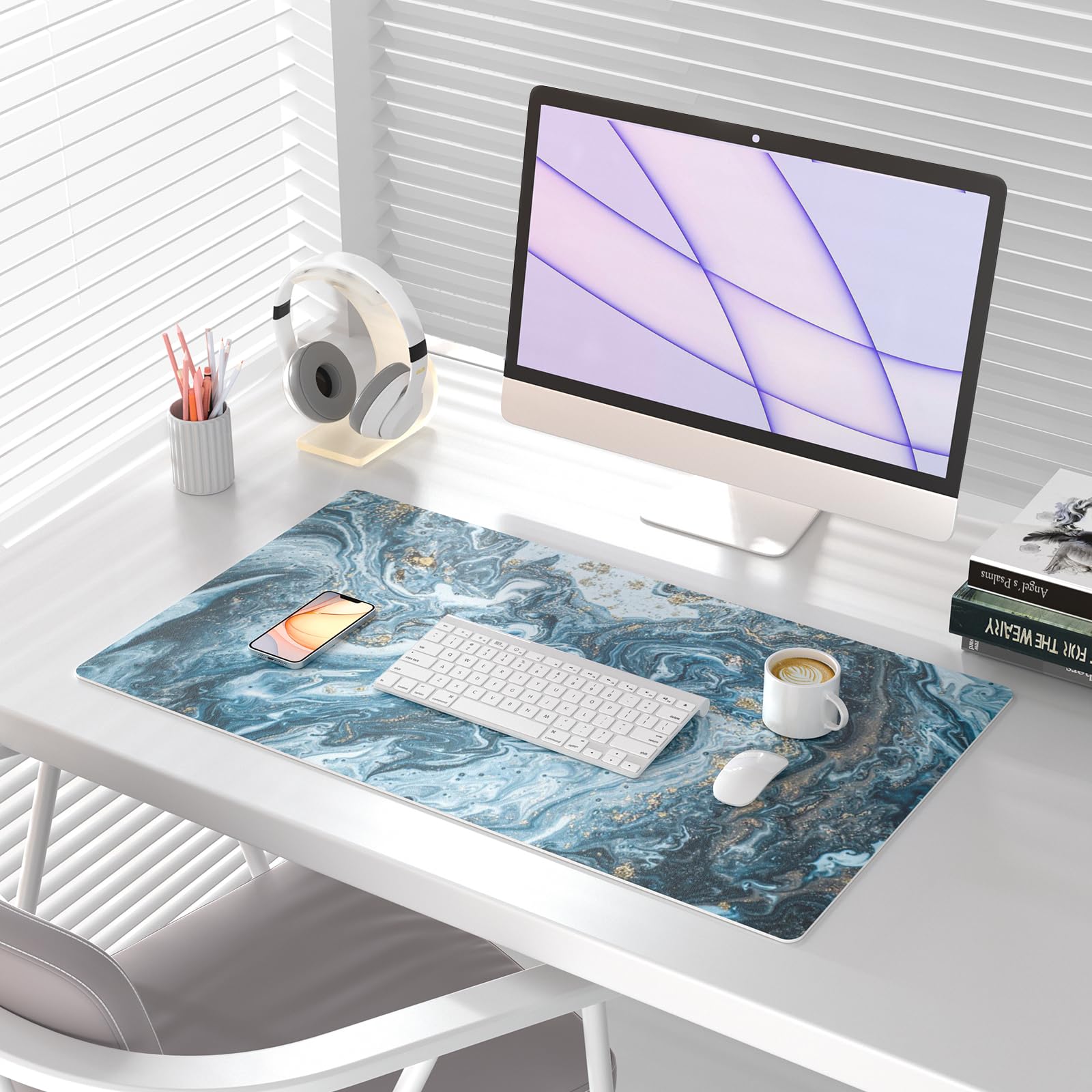 Premium Waterproof Blue & Gold Marble Desk Pad - Large 31.5