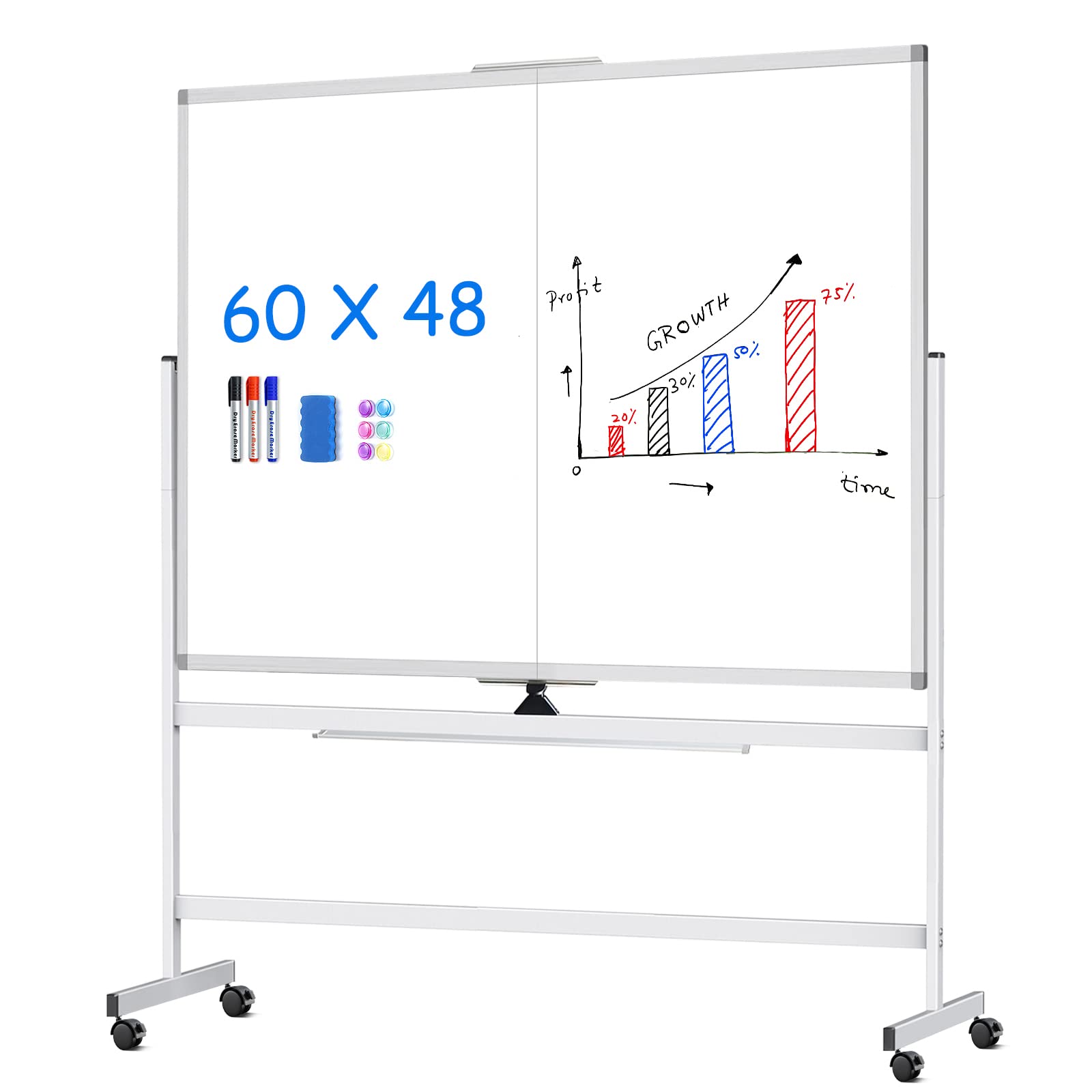60 x 48 Inch Large Magnetic Rolling Whiteboard - Double Sided Mobile Dry Erase Board with Stand & Wheels, Stain Resistant Surface for Office, Home & Classroom - Perfect for Presentations, Teaching & Brainstorming