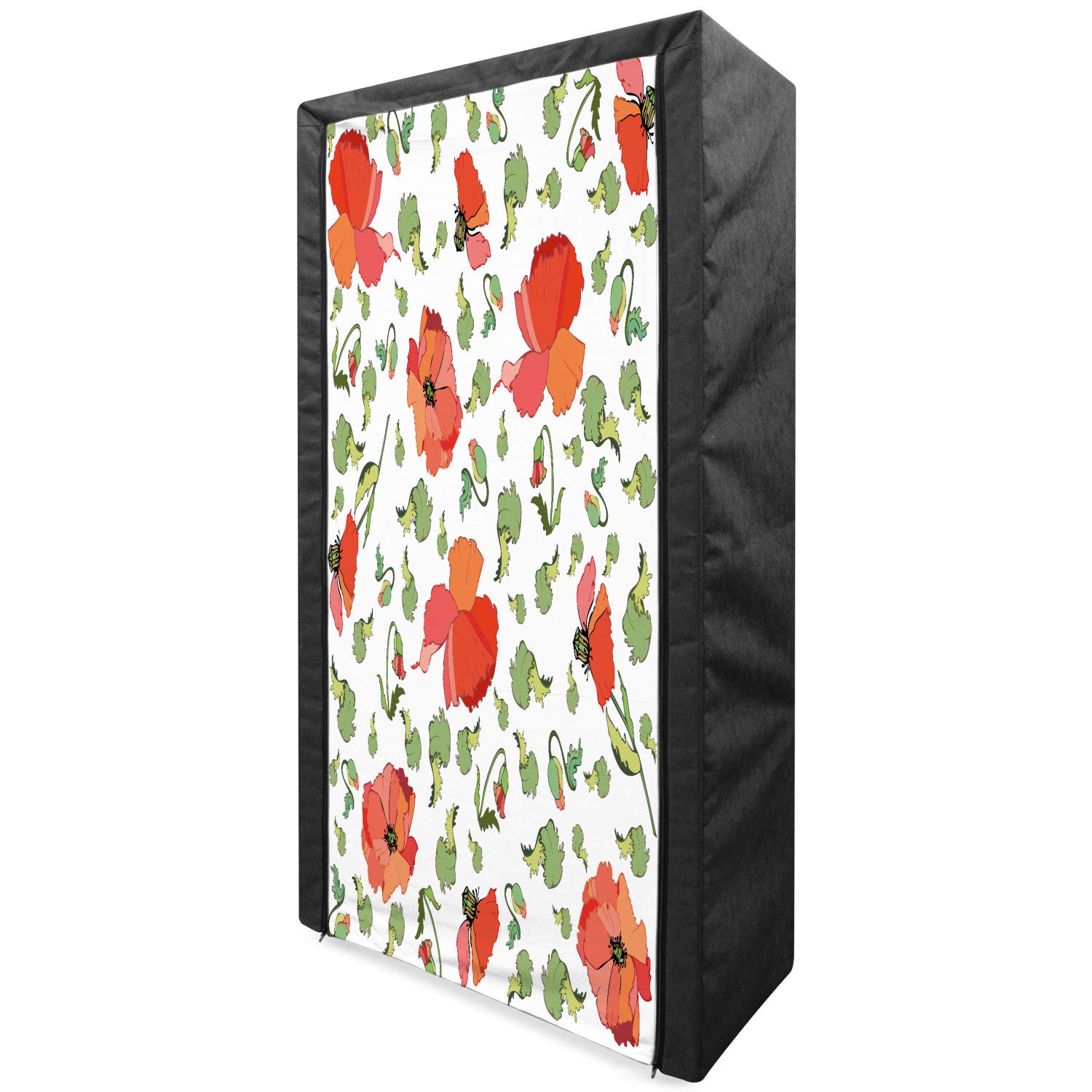 Ambesonne Poppy Flower Fabric Wardrobe | Portable Clothing Organizer with Shelves | Hand-Drawn Floral Design in Vermilion, Green & Coral | 33.5 Inch Storage Closet for Bedroom, Dorm or Small Spaces