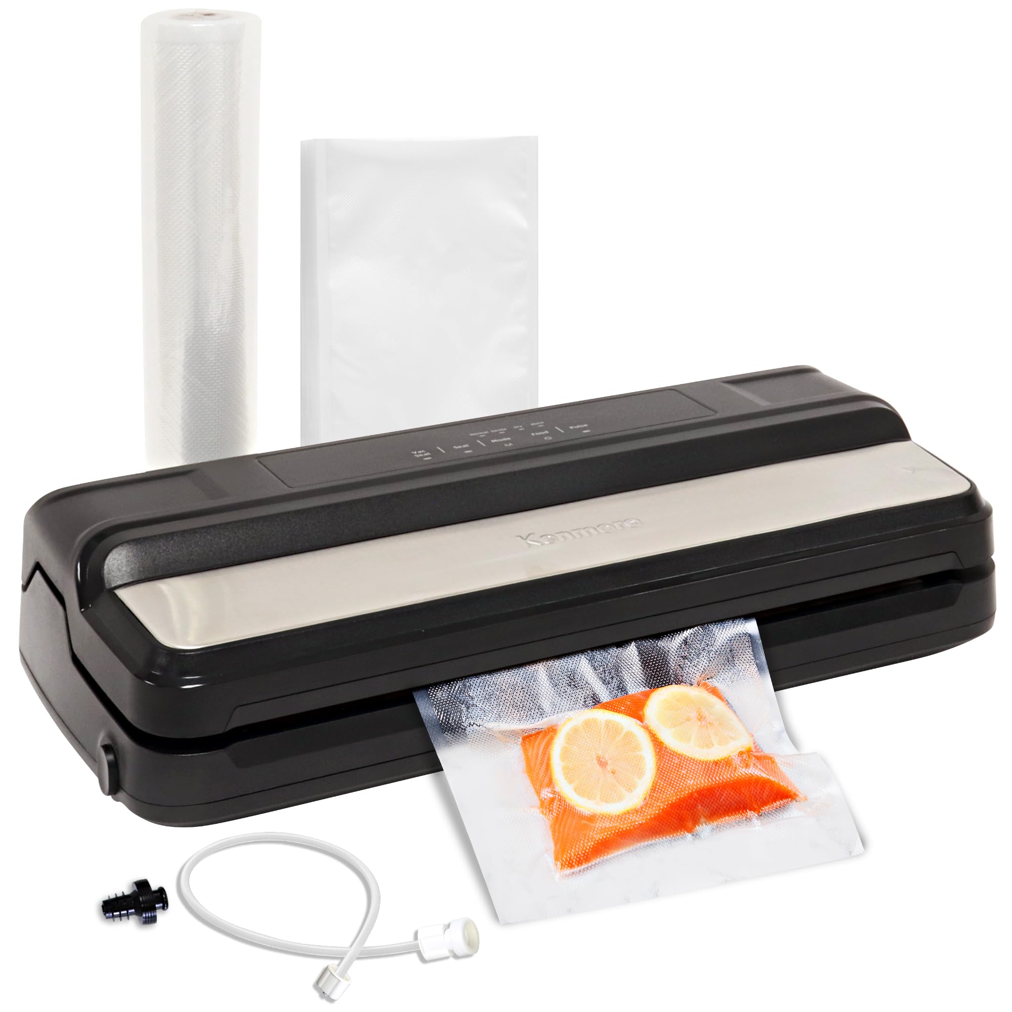 Kenmore Vacuum Sealer Machine for Food Preservation - 7 Preset Modes with 16ft Bag Roll & 10 Plastic Bags | Dry, Moist & Marinate Foods | Includes Canister Bottle Stopper | Stainless Steel Design | Perfect for Meal Prep, Sous Vide & Long-Term Food Storage