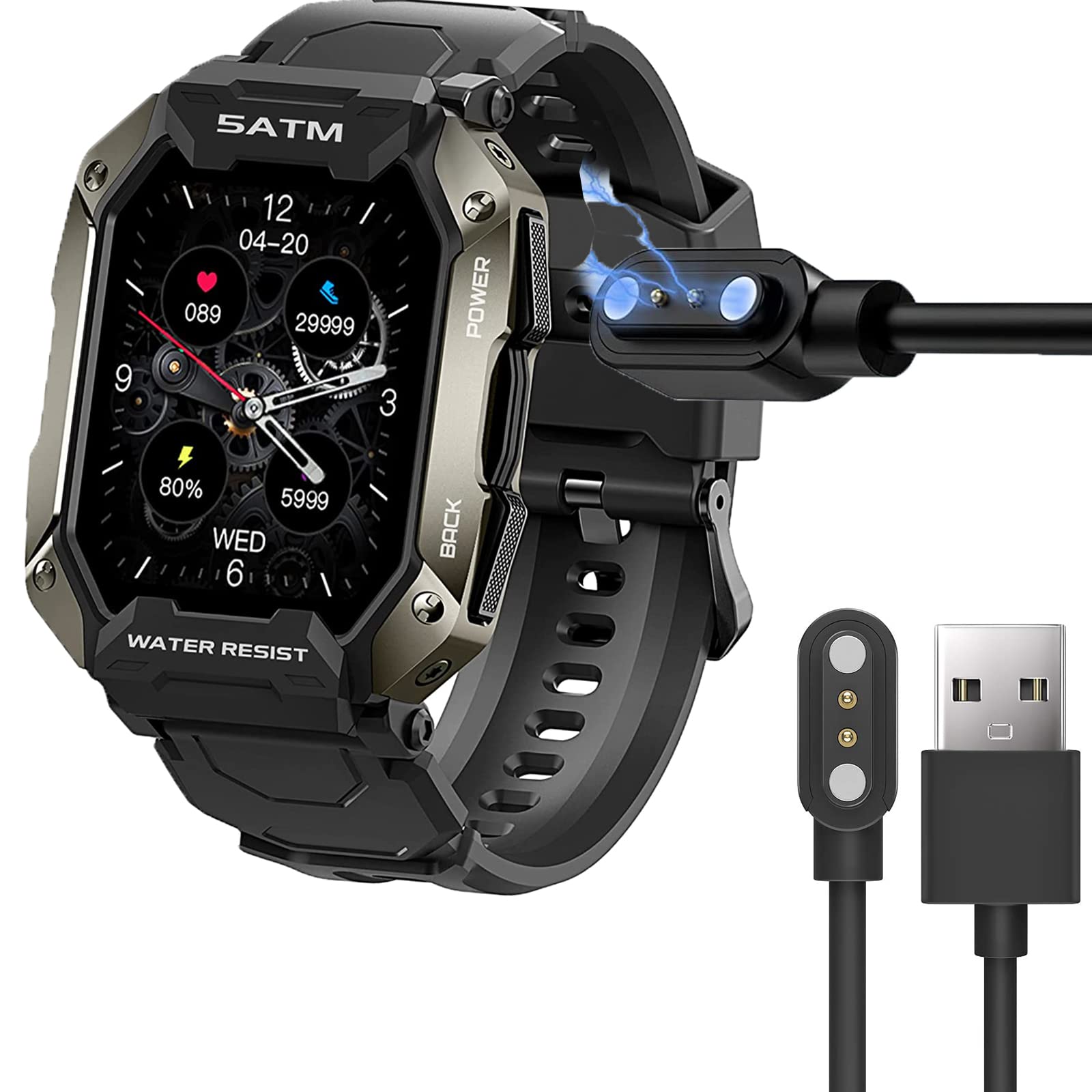 Magnetic USB Charging Cable for AMAZTIM C20 Smartwatch - Replacement Charger Compatible with Kospet Tank M1 Pro, T1 Pro, C20, C16 & PYRODUM GT600 Smartwatches (Black) - Perfect for Home, Office & Travel Use