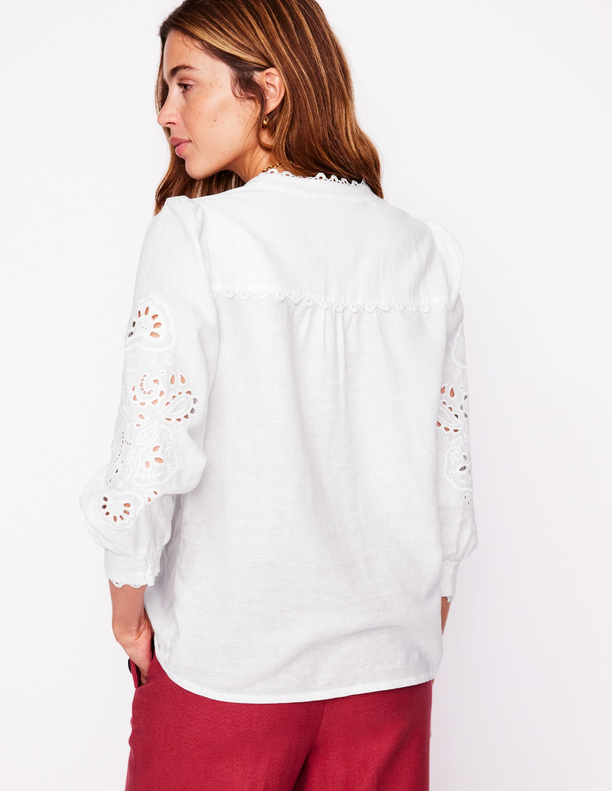 Alicia White Cutwork Linen Top with Embroidery Details - Elegant Summer Blouse for Women, Perfect for Beach Vacations & Boho Chic Outfits