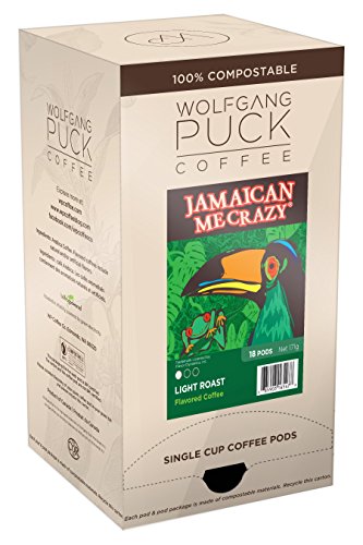Wolfgang Puck Jamaican Me Crazy Coffee Pods - 18 Count (9.5g Each) for Keurig Brewers - Bold & Spicy Caribbean Blend for Morning Energy & Afternoon Boost