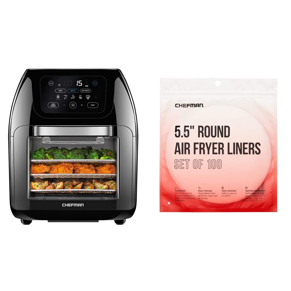 **Chefman Multifunctional Digital Air Fryer with Rotisserie - Black | 100-Pack Heat-Resistant Parchment Paper Liners (5.5” Round) for Easy Cleanup | Perfect for Healthy Cooking, Meal Prep & Family Dinners**