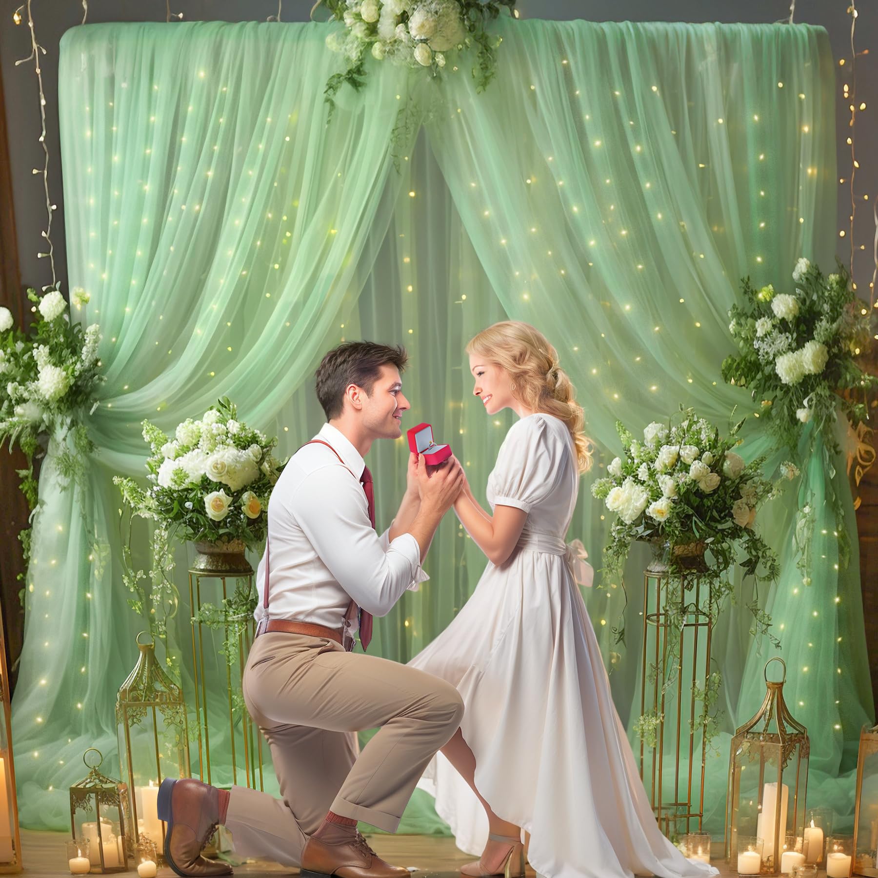 10×10ft Green Tulle Backdrop Curtain with Fairy Lights - Sheer Wedding Party Decor, Photo Booth Background, Birthday Celebration Drapes for Home & Event Decorations