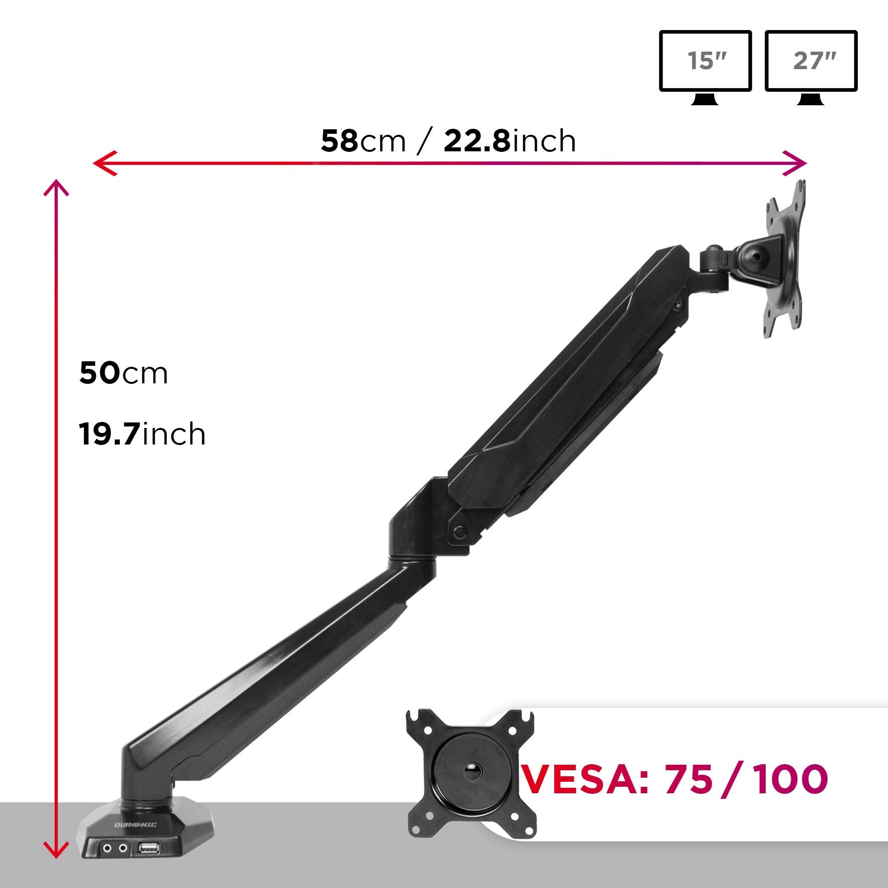 Duronic DMUSB5X1 Single Monitor Arm Stand - Full Motion Adjustable Desk Mount for 13-27