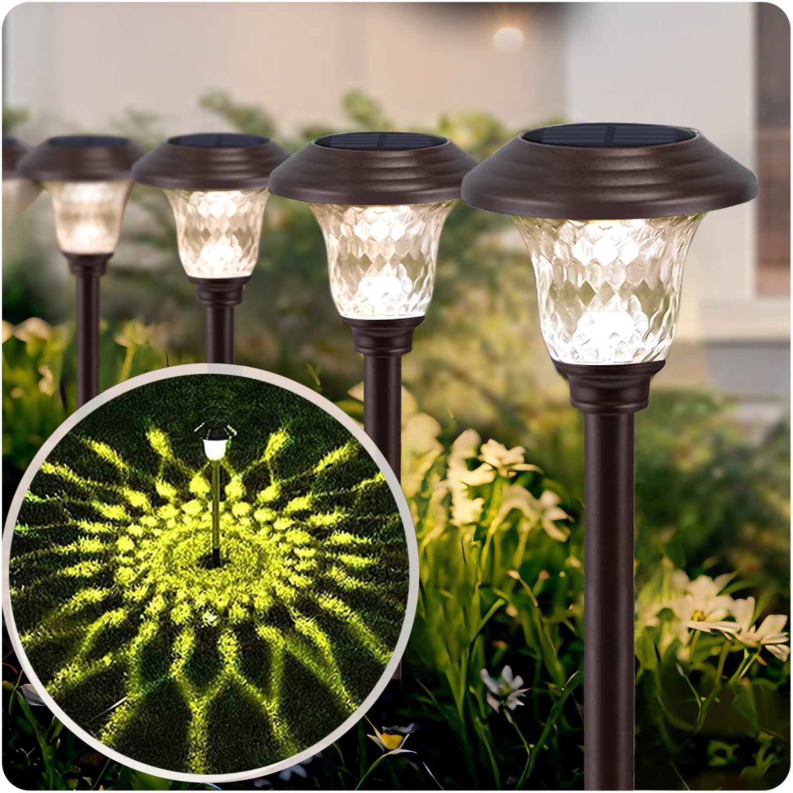 Beau Jardin 8 Pack Solar Pathway Lights Outdoor - Waterproof Metal & Glass Solar Powered Garden Lights with High Lumen & Color Changing (White/Bronze) for Landscape, Yard, Walkway, Patio, Driveway Decoration