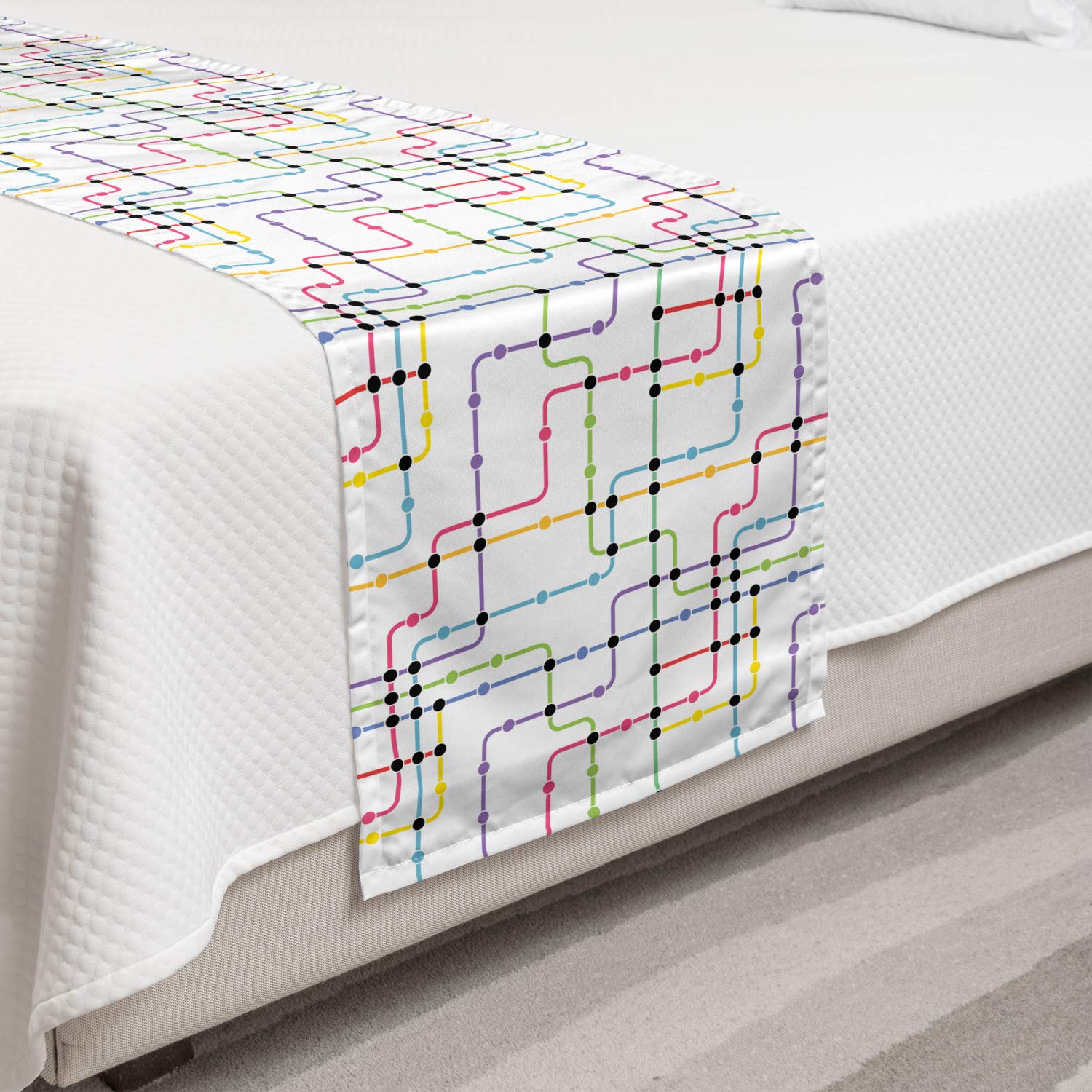 Ambesonne Colorful Bed Runner - Vibrant Metro Design with Intricate Lines & Dots, Urban Transportation Theme Decorative Bed Scarf for Hotels, Homes & Guest Rooms | Perfect for Bedroom Decor, Sofa Throw or Wedding Gift - Multicolor